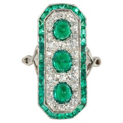 French Belle Epoque Emerald, Diamond, and Platinum Rectangular Plaque Ring
