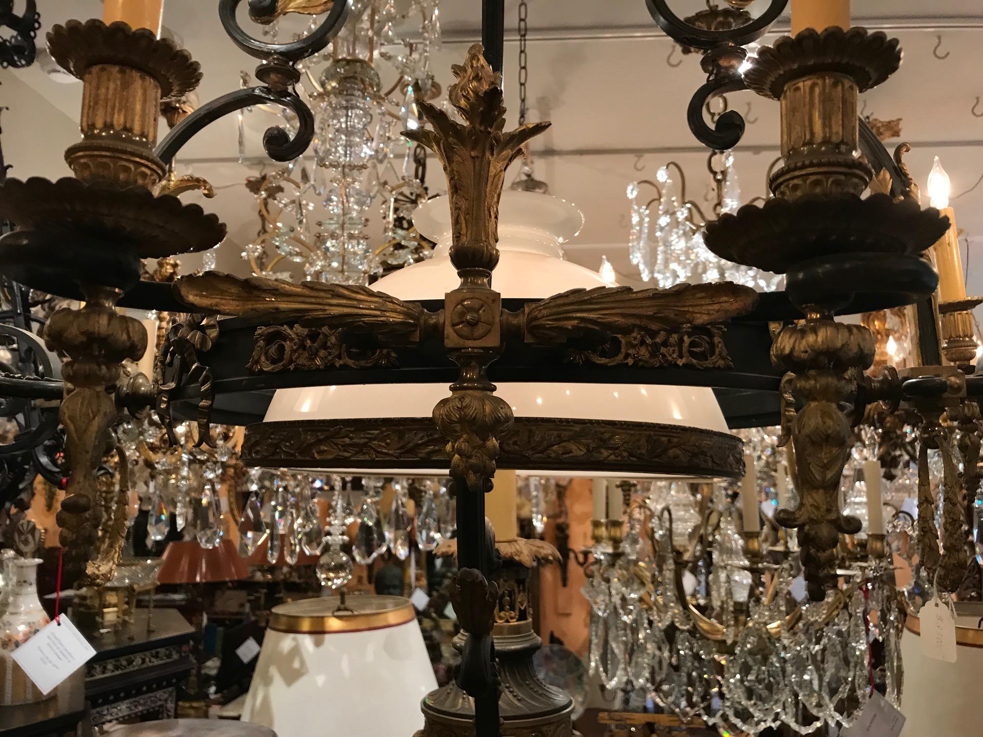 19th Century French Belle Epoque Empire style Gasolier and Oil Reservoir Chandelier  For Sale
