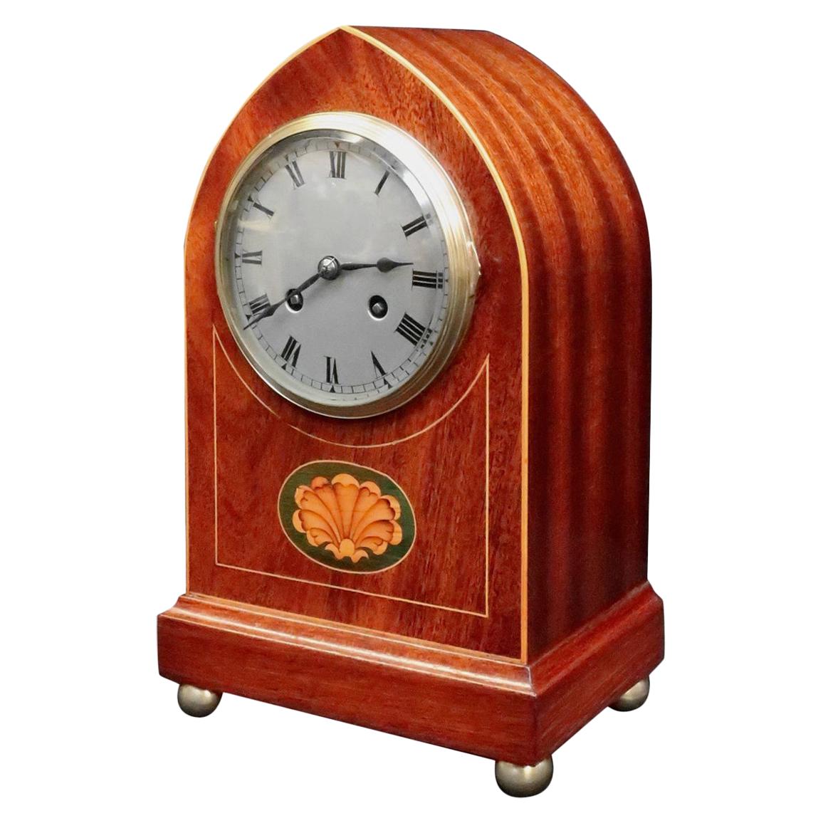 French Belle Époque Figured Mahogany Mantel Clock with Inlay For Sale