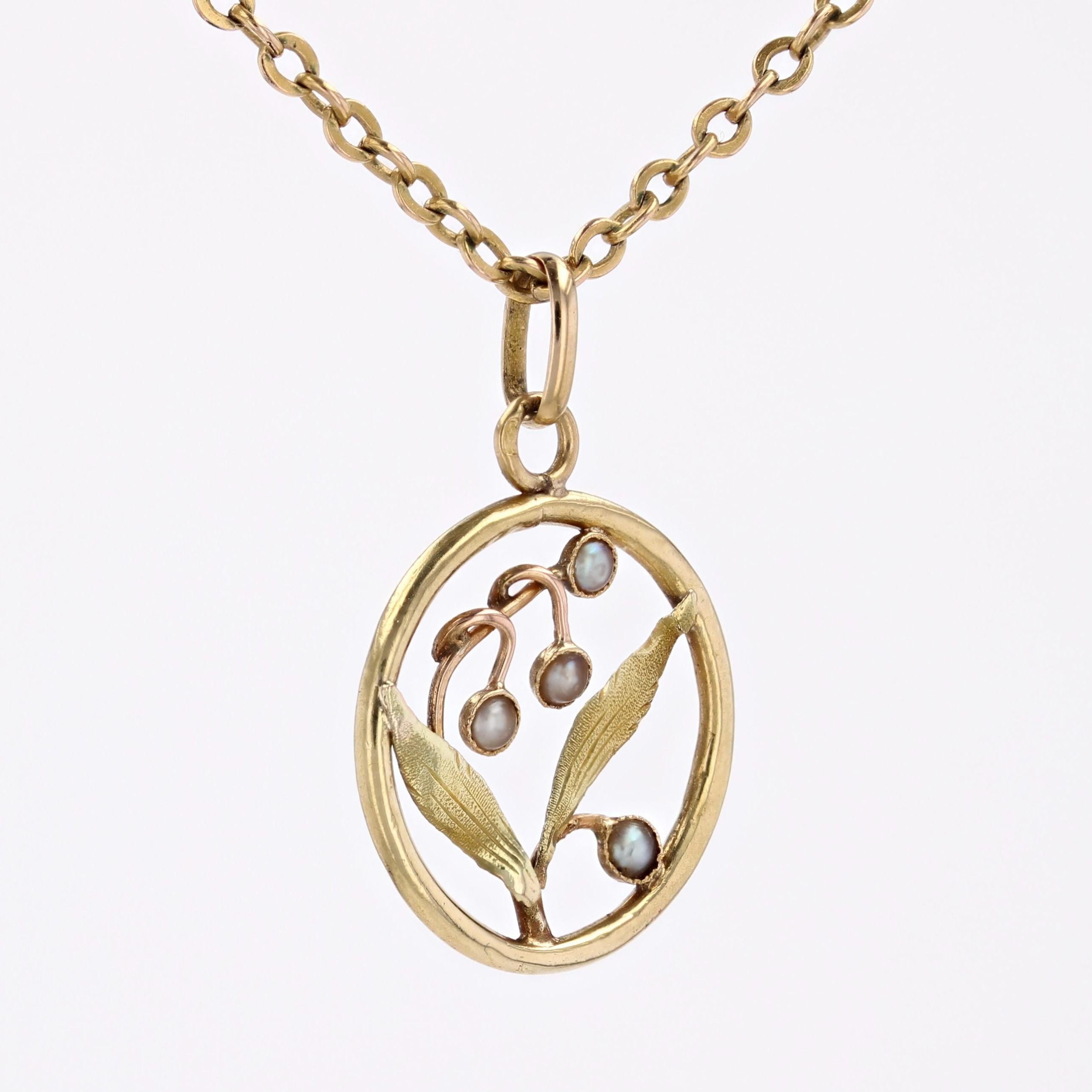 Bead French Belle Epoque Fine Pearl 18 Karat Yellow Rose Gold Mistletoe Leaf Pendant