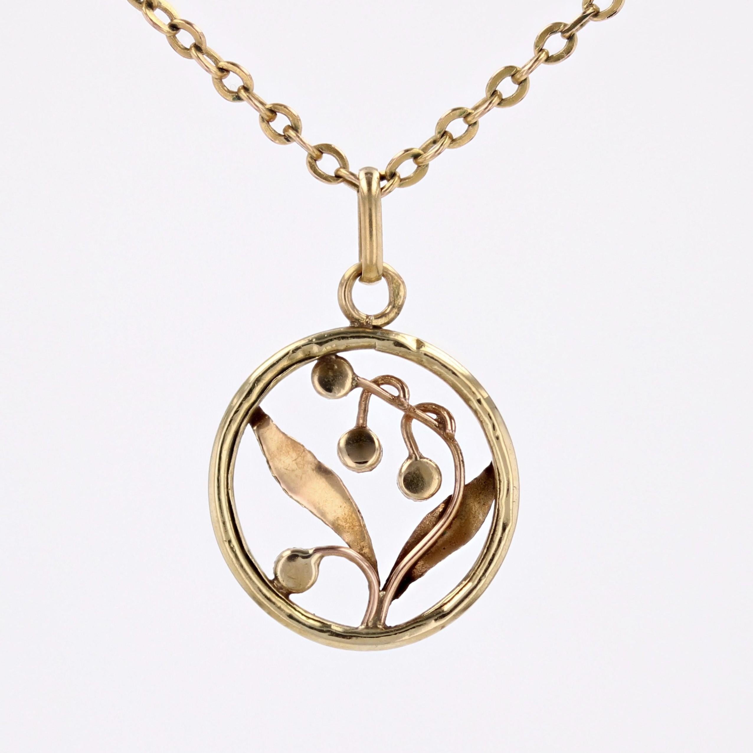 French Belle Epoque Fine Pearl 18 Karat Yellow Rose Gold Mistletoe Leaf Pendant 1