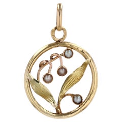French Belle Epoque Fine Pearl 18 Karat Yellow Rose Gold Mistletoe Leaf Pendant