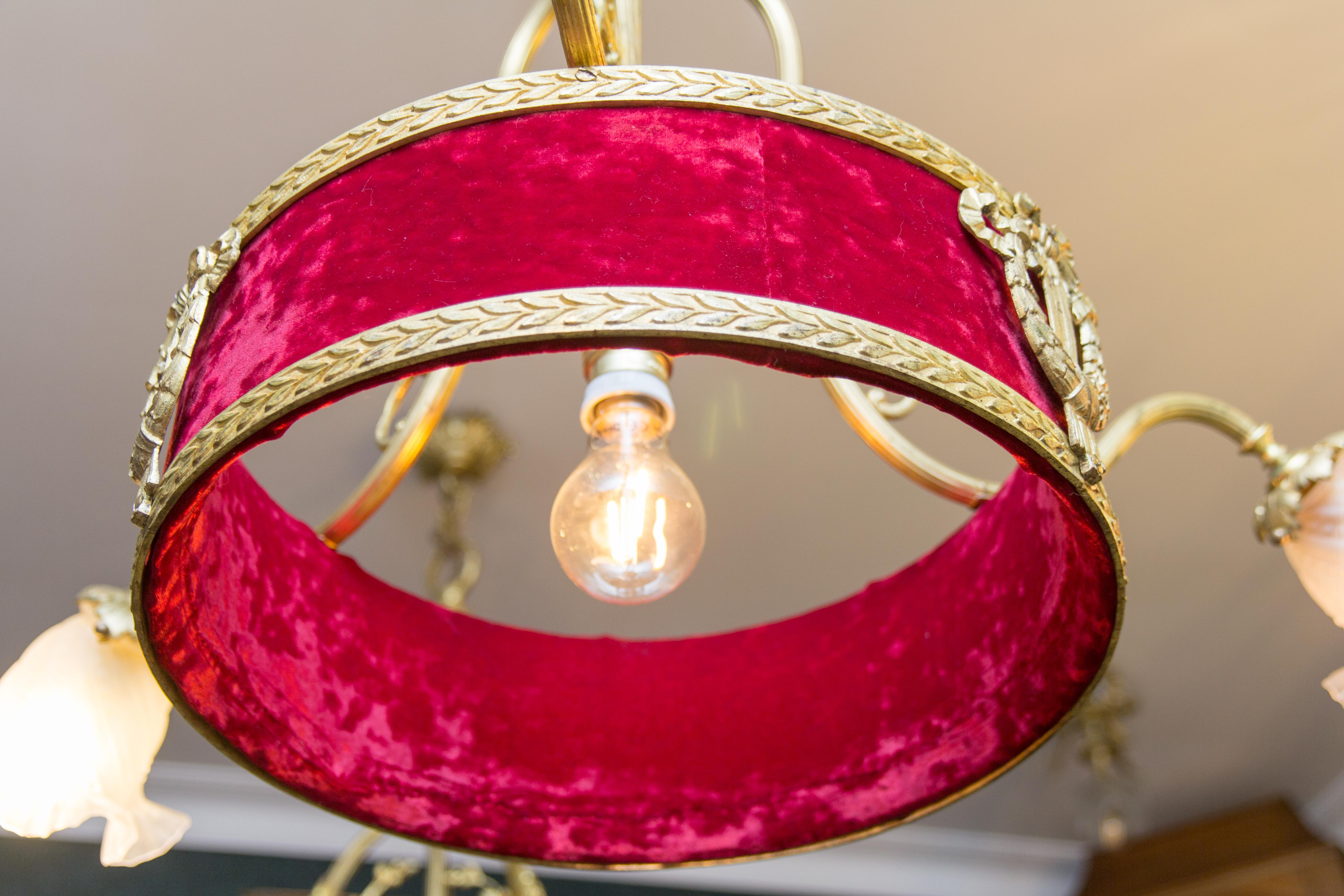 French Belle Époque Four-Light Red Fabric, Bronze and Frosted Glass Chandelier For Sale 10
