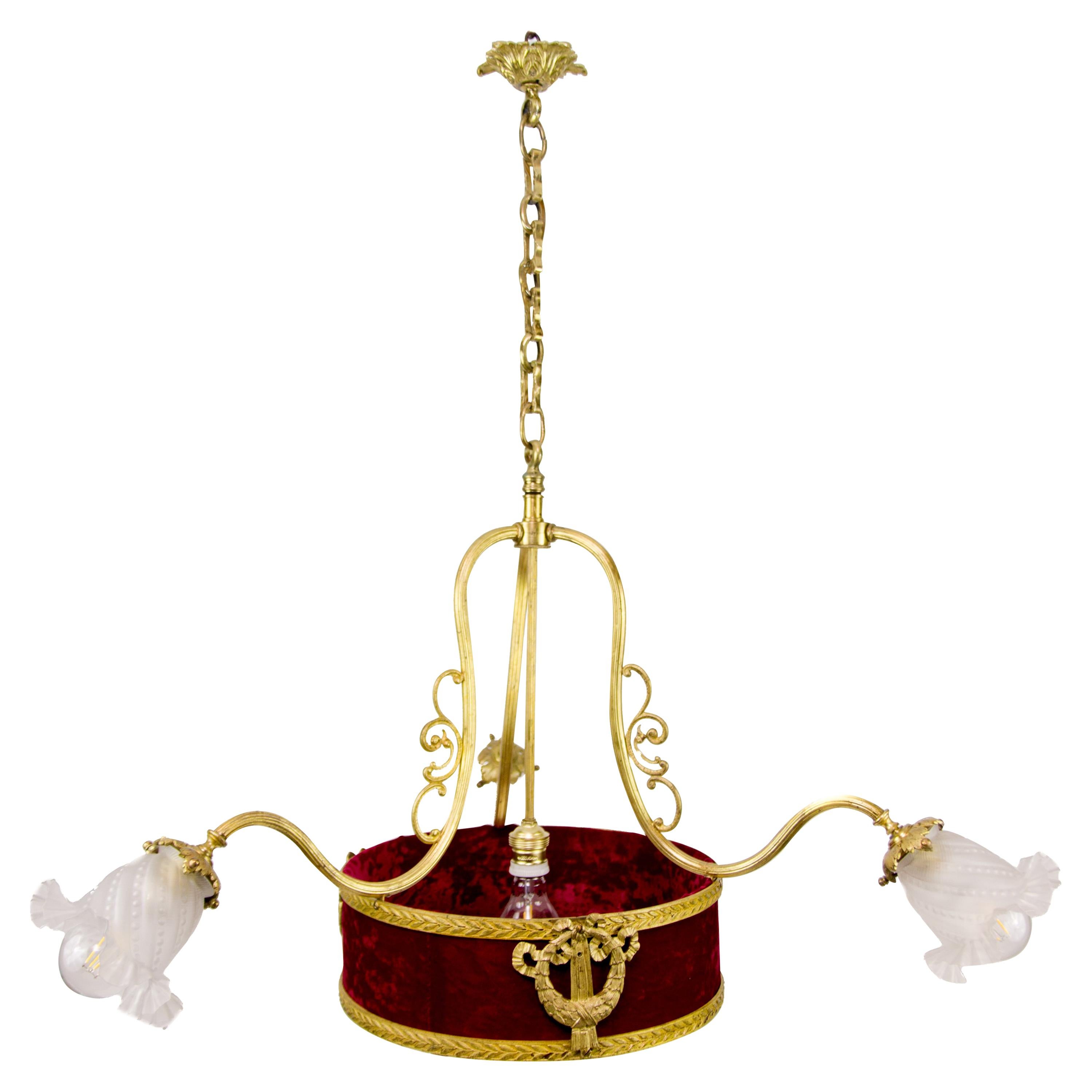 French Belle Époque Four-Light Red Fabric, Bronze and Frosted Glass Chandelier For Sale