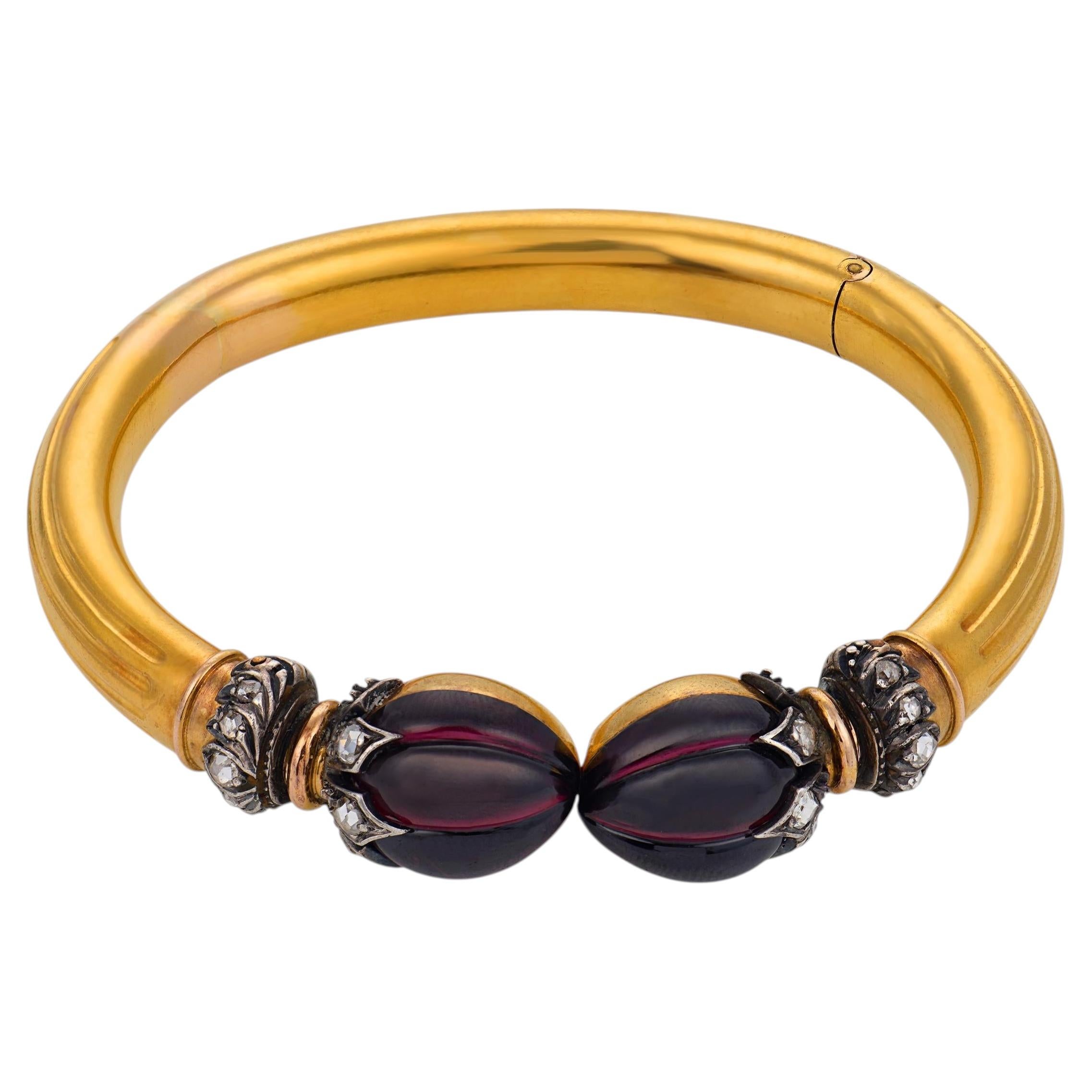 French Belle Epoque garnet diamond 18k yellow gold silver bangle