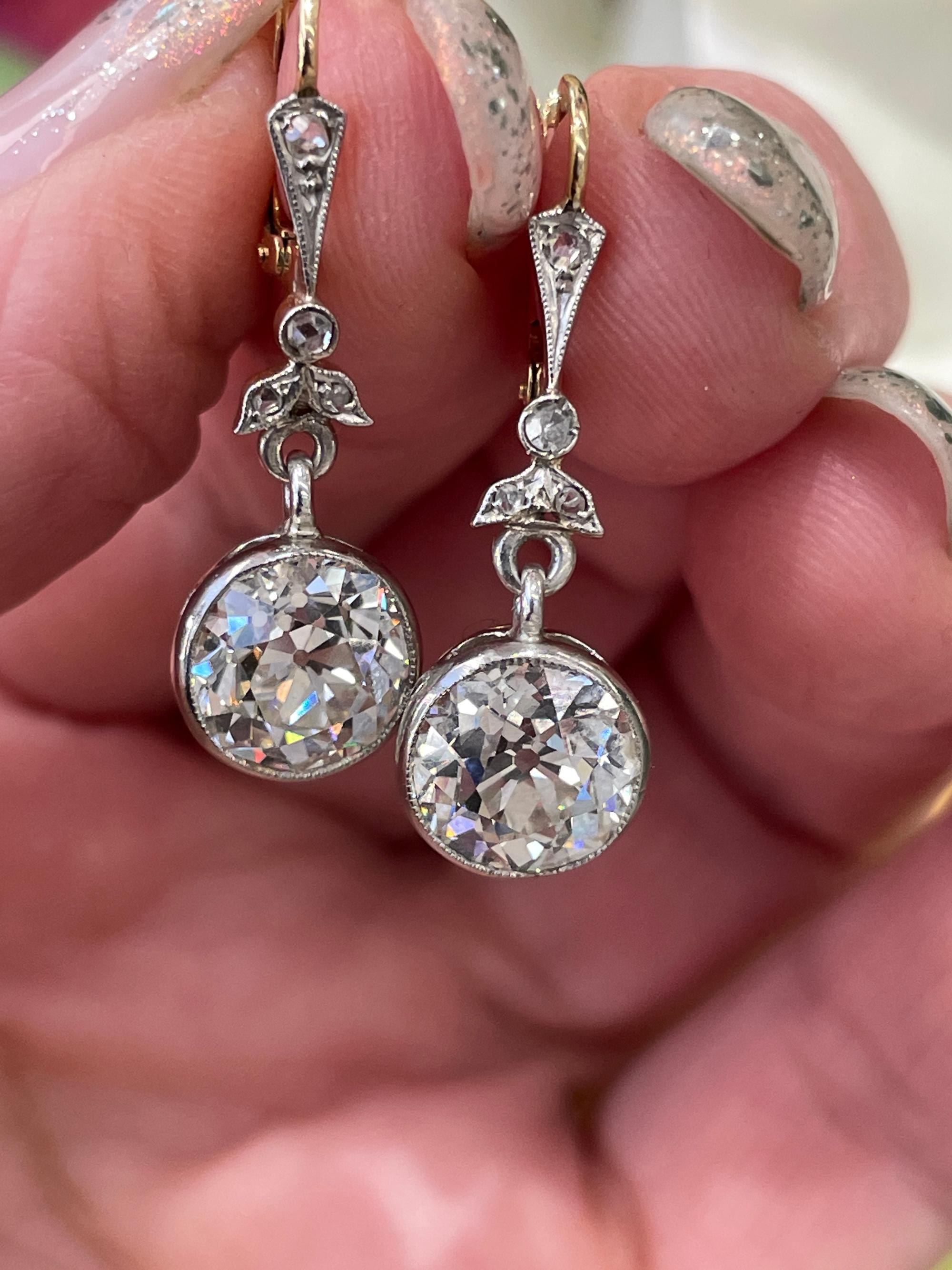 French Belle Époque GIA 5.05ctw Old European cut Diamonds Plat 18K Earrings For Sale 9