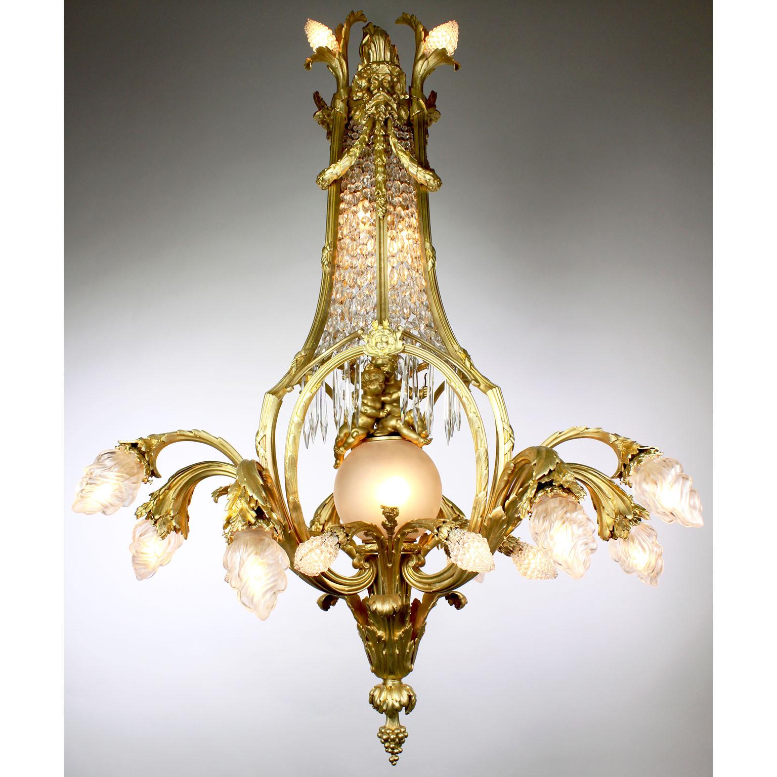 French Belle Époque Gilt-Bronze and Cut-Glass Figural Cherub & Putto Chandelier In Good Condition For Sale In Los Angeles, CA