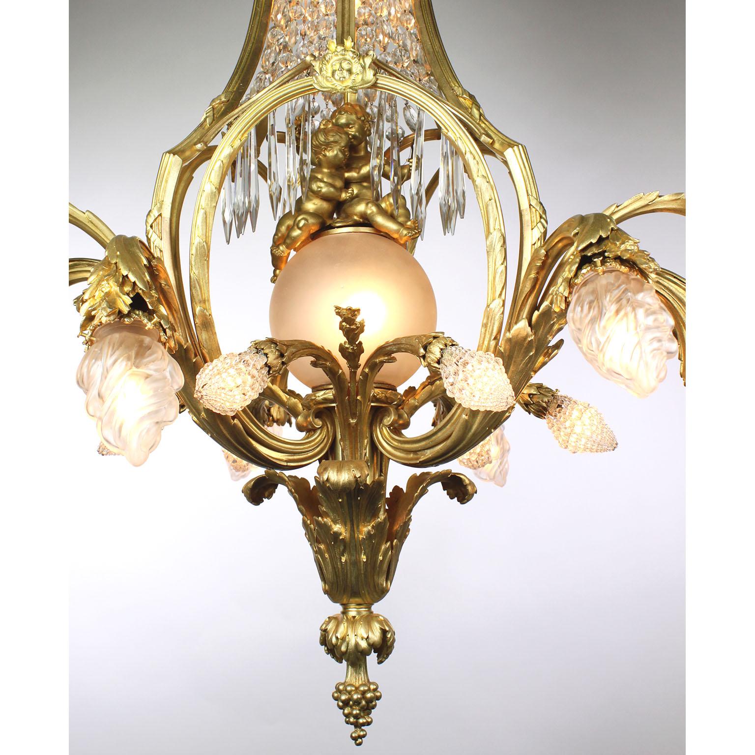 Blown Glass French Belle Époque Gilt-Bronze and Cut-Glass Figural Cherub & Putto Chandelier For Sale
