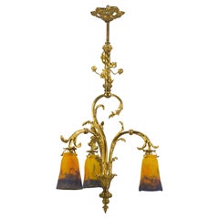 French Belle Époque Gilt Bronze and Muller Frères Glass Three-Light Chandelier