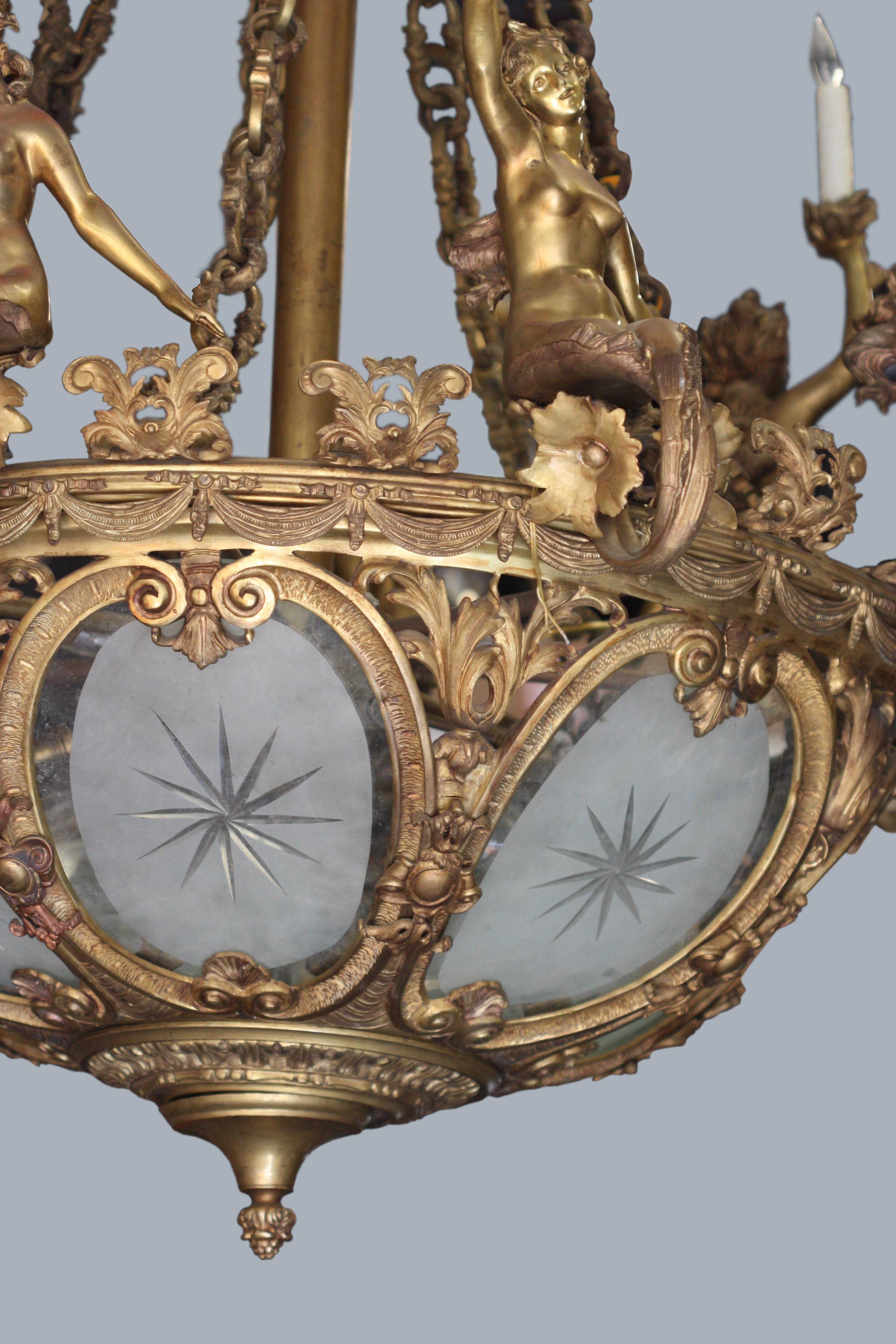 French Belle Époque Gilt Bronze Chandelier, Late 19th Century In Good Condition For Sale In West Palm Beach, FL