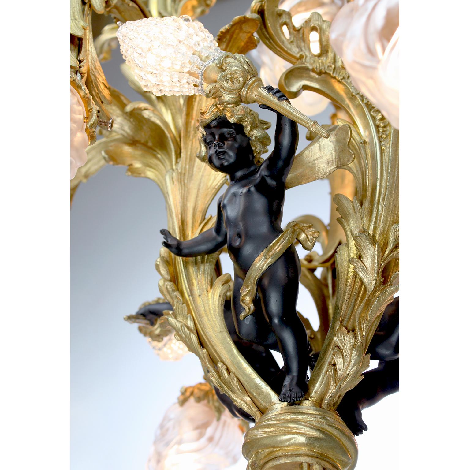 Frosted French Belle Époque Gilt Bronze, Patinated Bronze Ten-Light Cherub Chandelier For Sale
