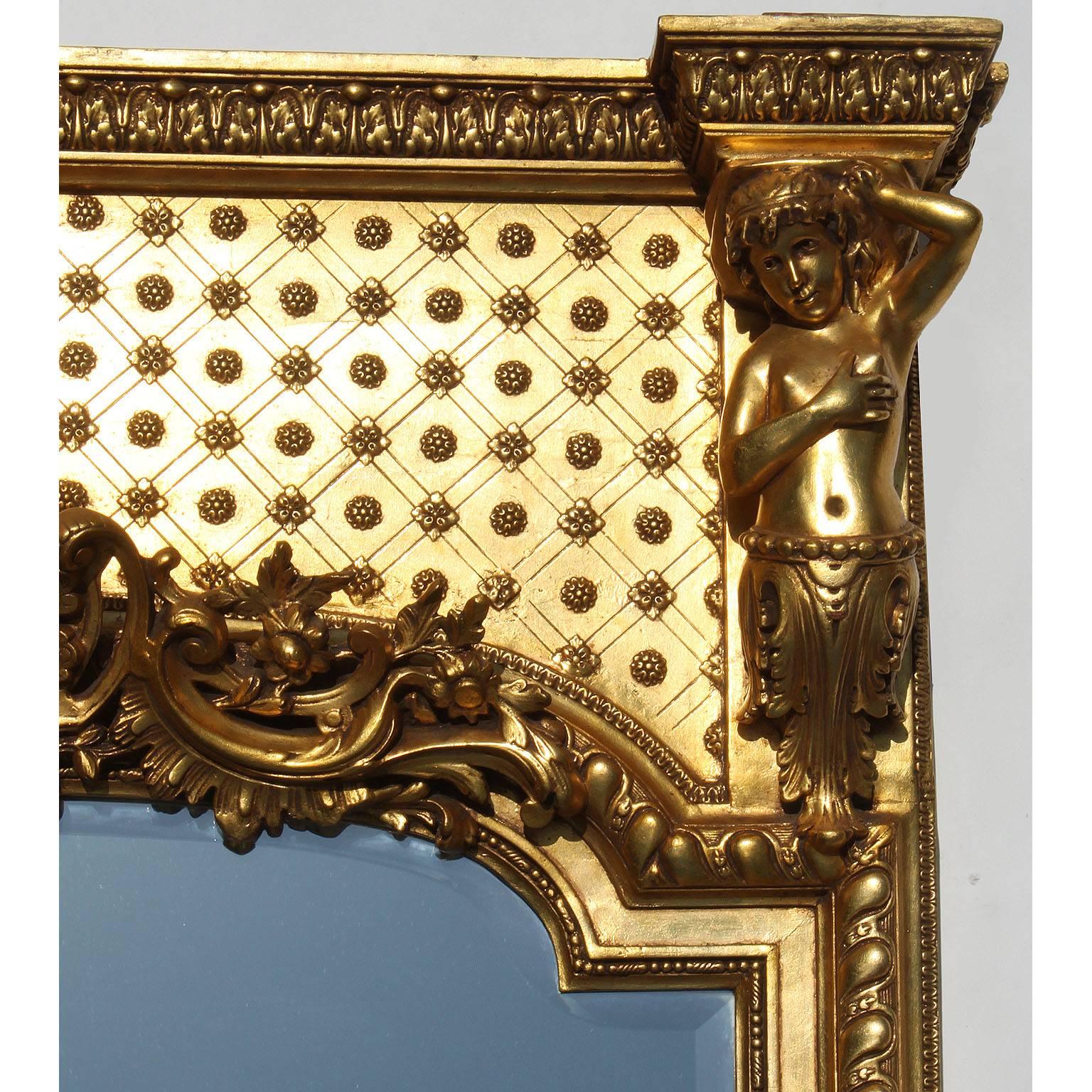 French Belle Époque Giltwood and Gesso Carved Figural Trumeau Mirror with Putti In Good Condition For Sale In Los Angeles, CA