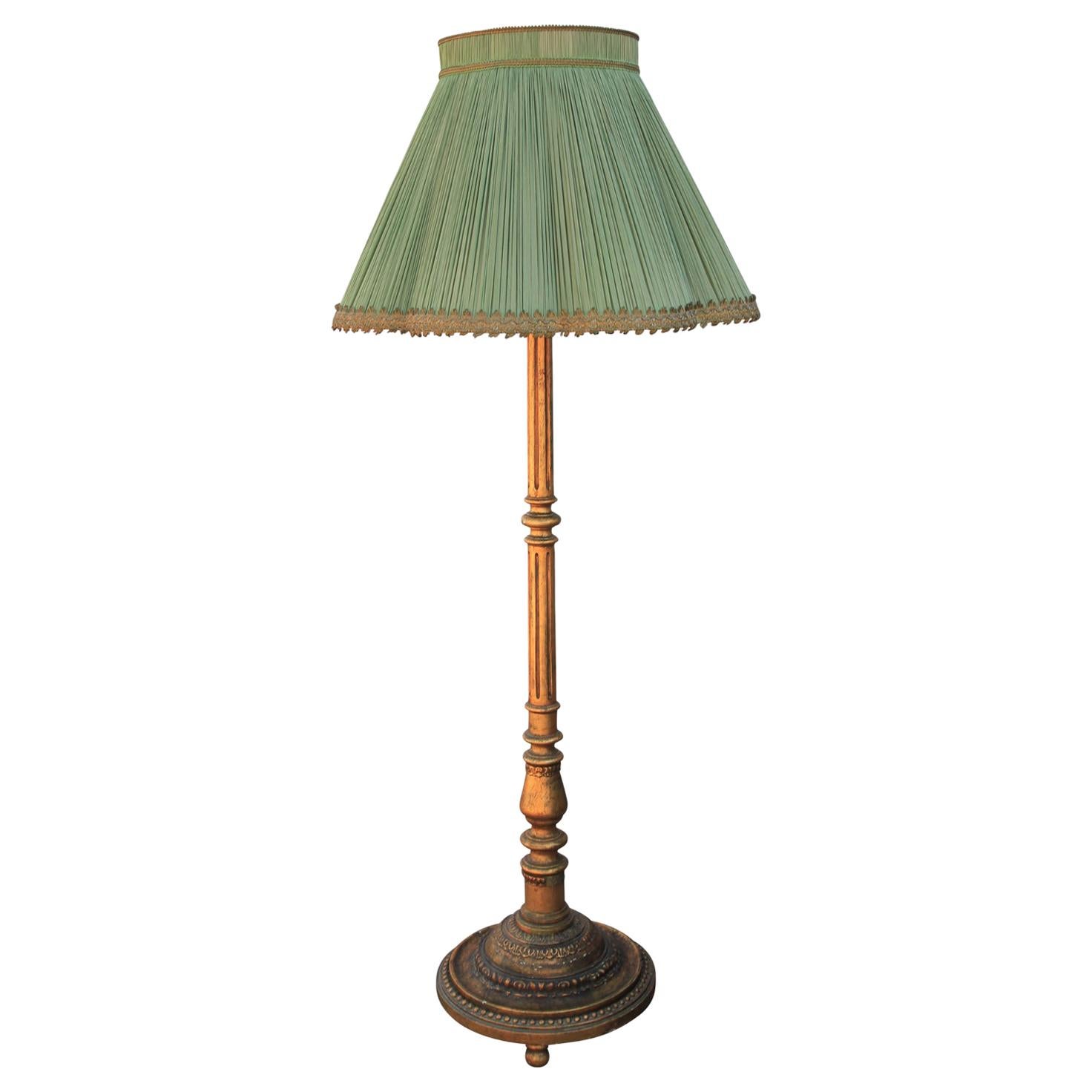French Belle Époque Gold Gilt Carved Wood Large Floor Lamp Green Shade