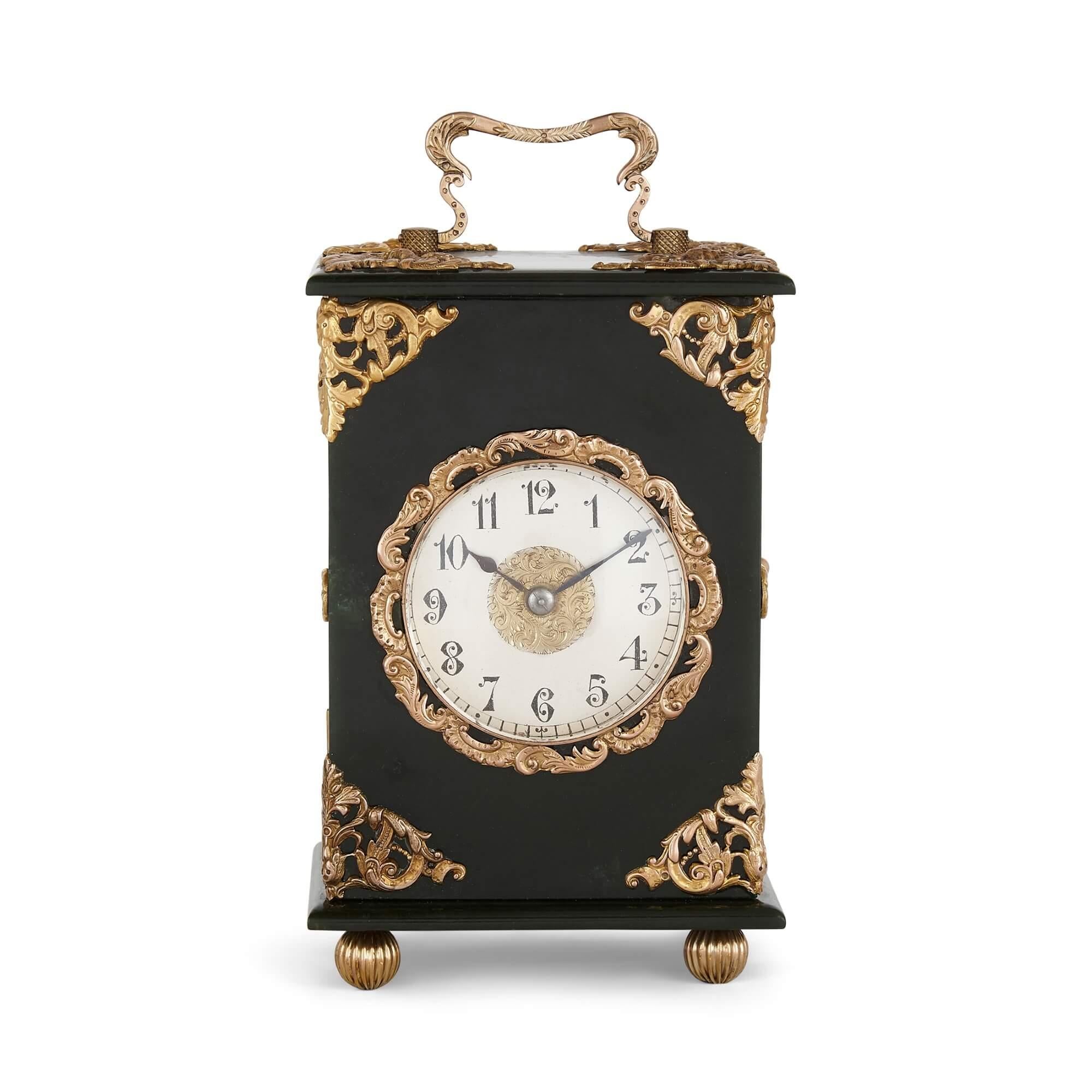 French Belle Époque green nephrite carriage clock mounted with gold
French, c. 1900
Measures: Height 14.5cm, width 9cm, depth 7.5cm

This charming carriage clock is crafted from nephrite and gold. The rectangular case of the clock is carved from