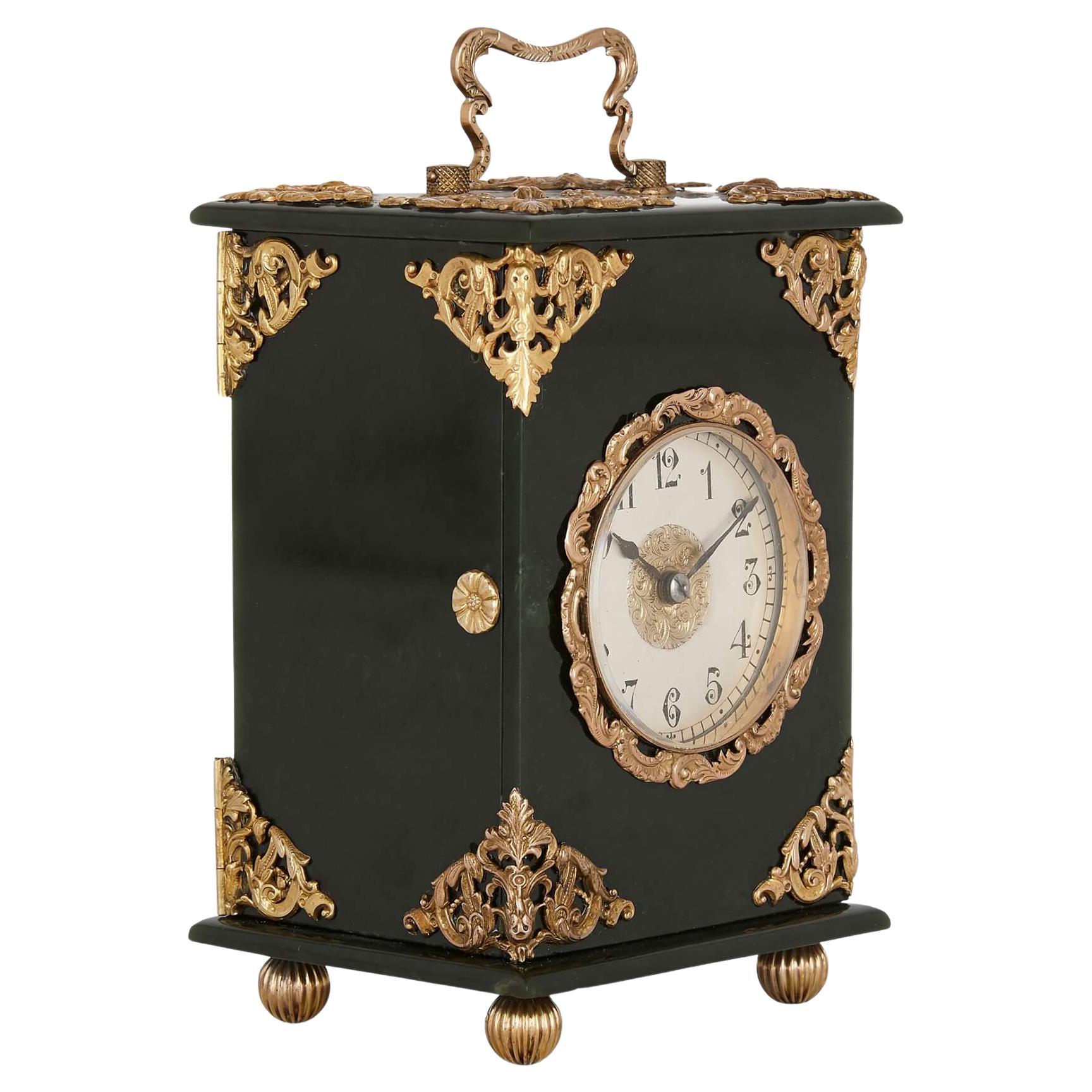 French Belle Époque Green Nephrite Carriage Clock Mounted with Gold For Sale