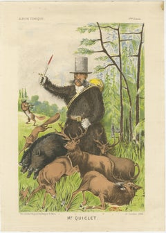 French Belle Époque Hunting Caricature, Mr Quiclet Chromolithograph, 1884