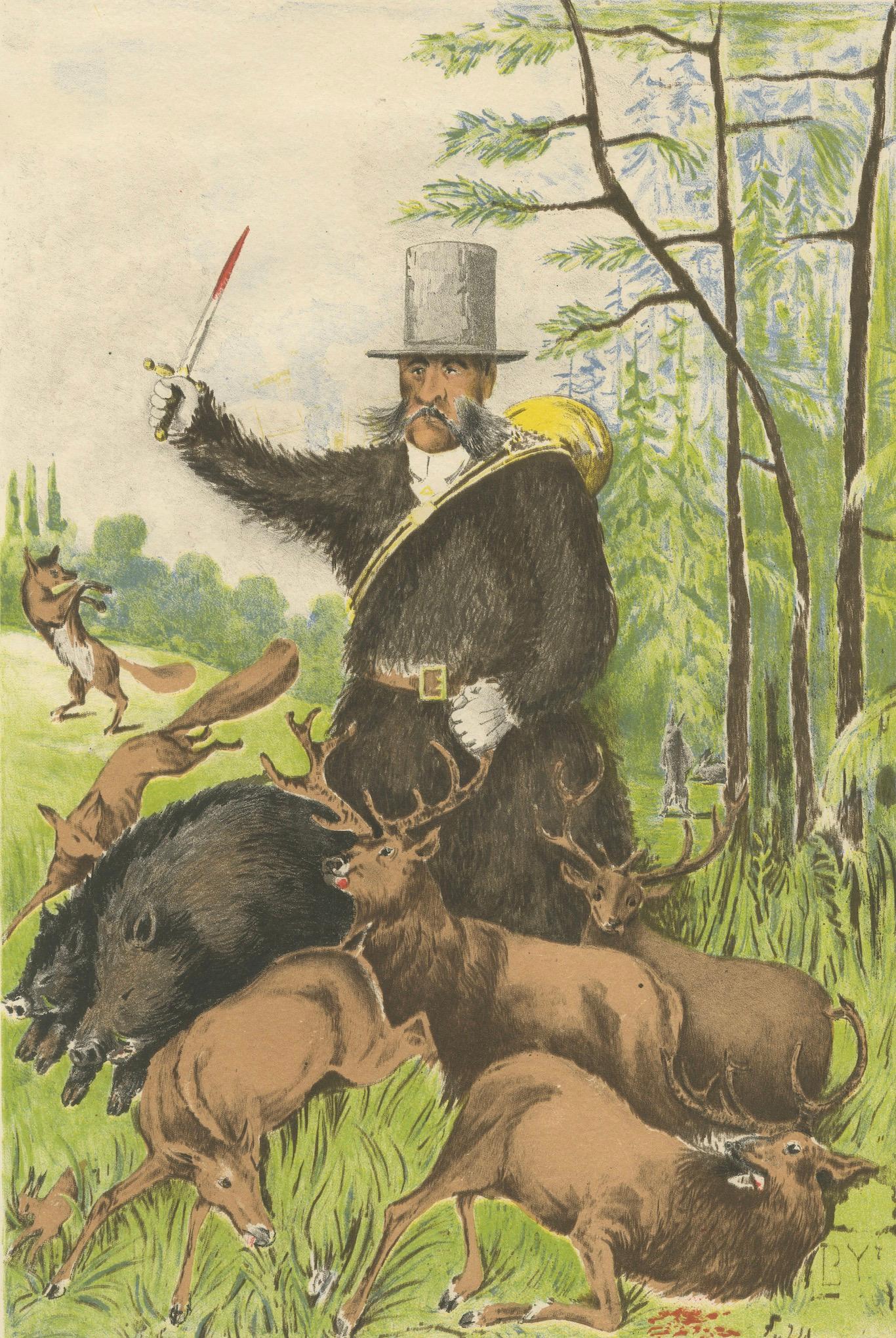 French Belle Époque Hunting Caricature, Mr Quiclet Chromolithograph, 1884