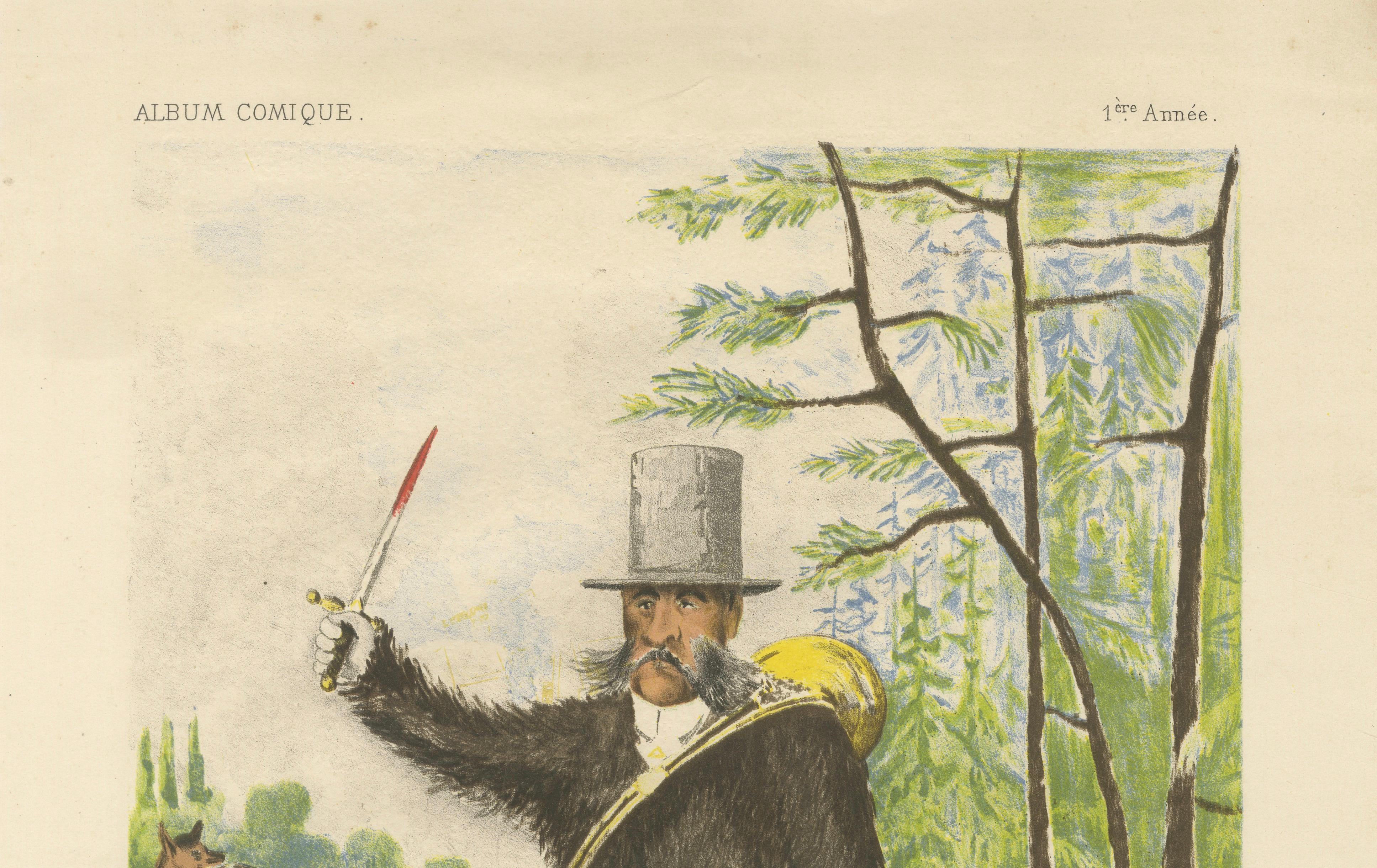 French Belle Époque Hunting Caricature, Mr Quiclet Chromolithograph, 1884