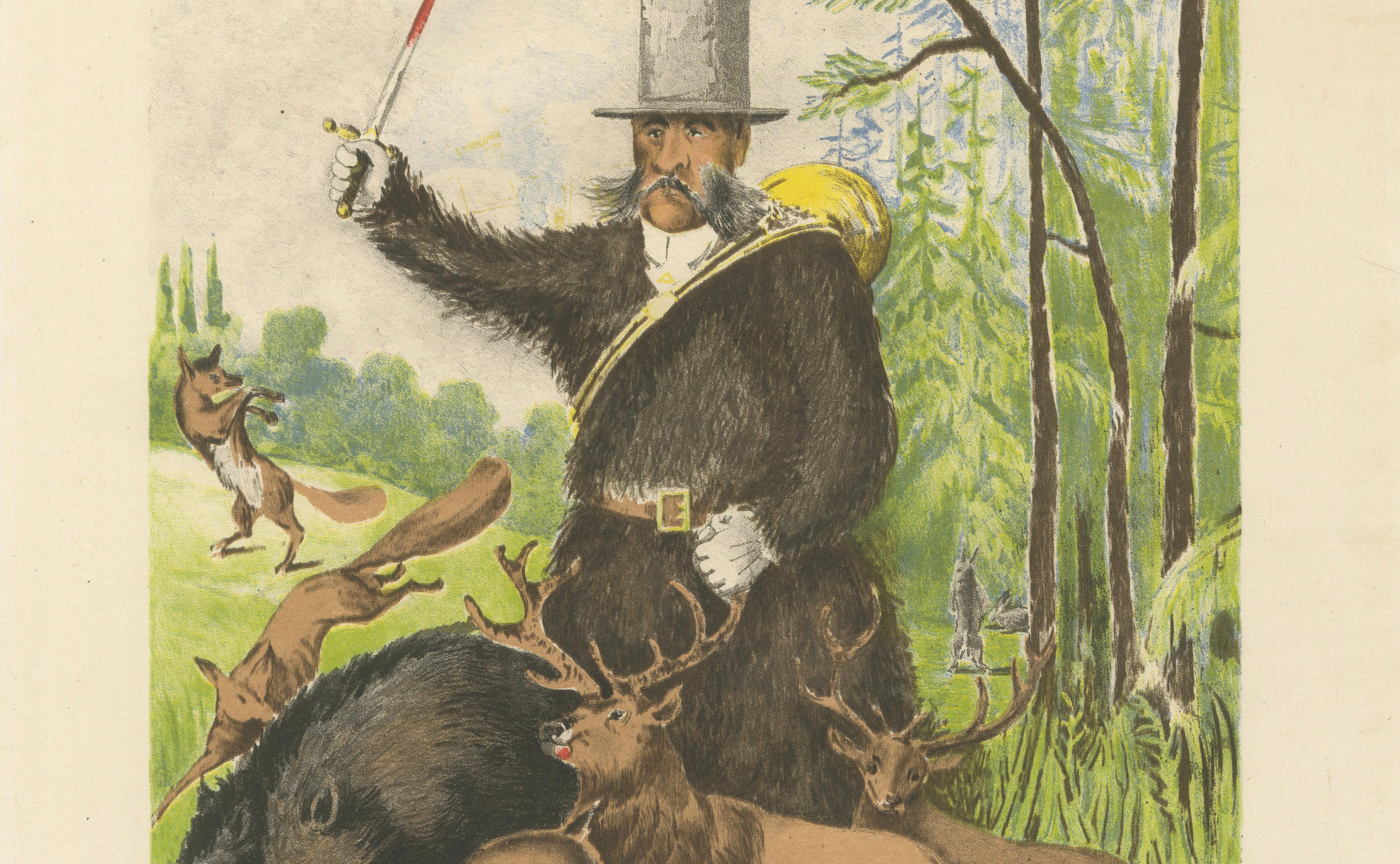French Belle Époque Hunting Caricature, Mr Quiclet Chromolithograph, 1884