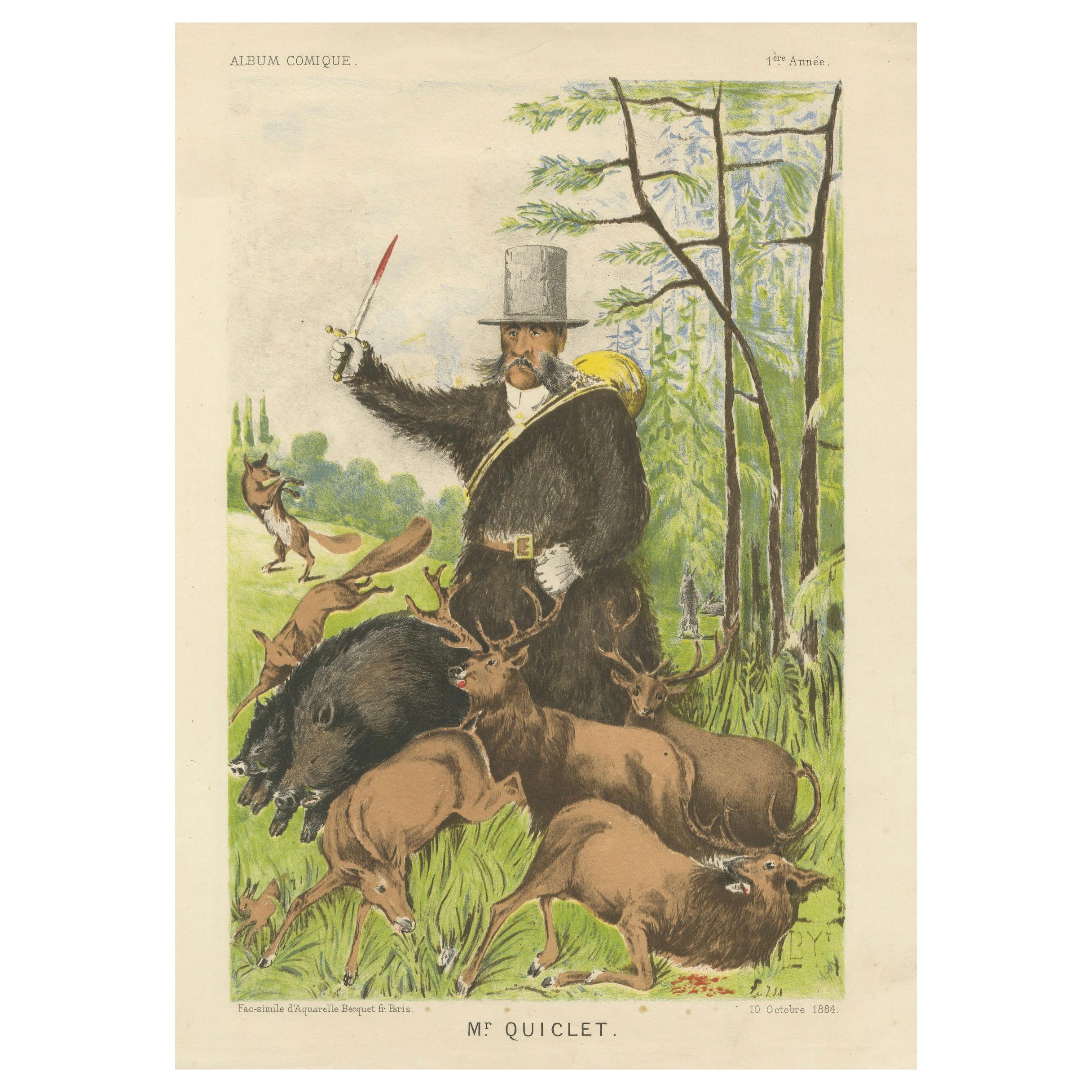French Belle Époque Hunting Caricature, Mr Quiclet Chromolithograph, 1884 For Sale
