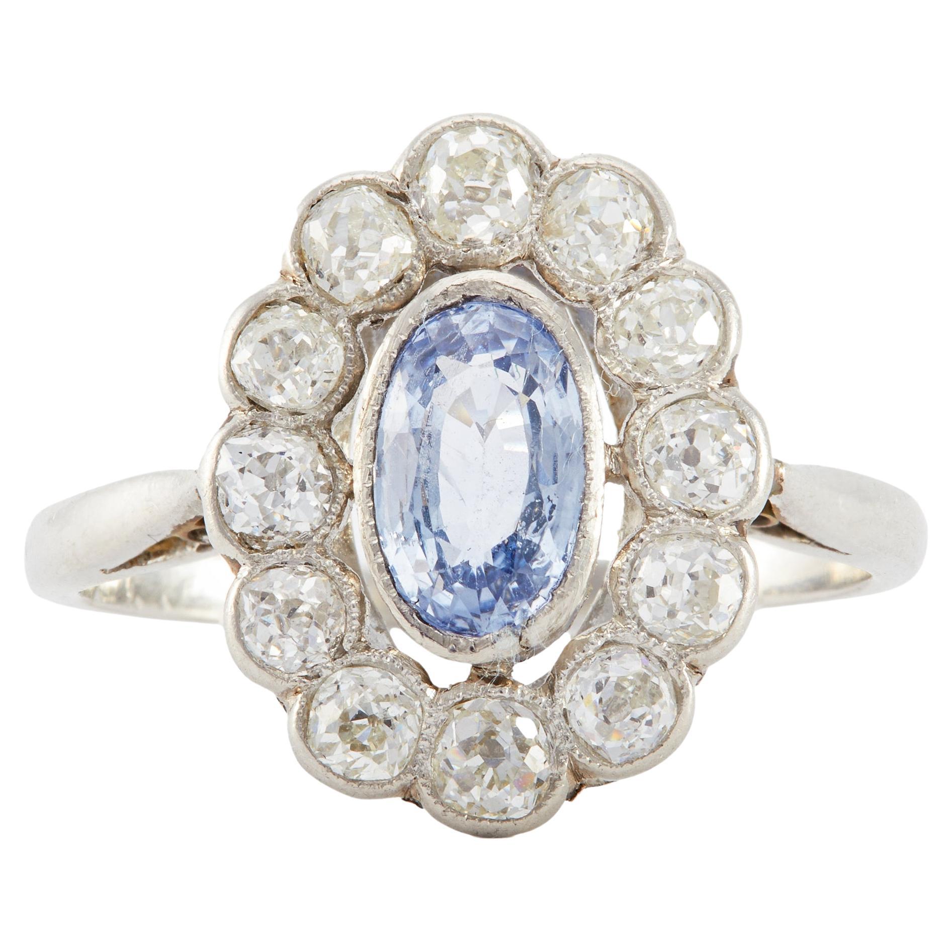 French Belle Époque Light Blue Sapphire and Diamond Platinum Cluster Ring