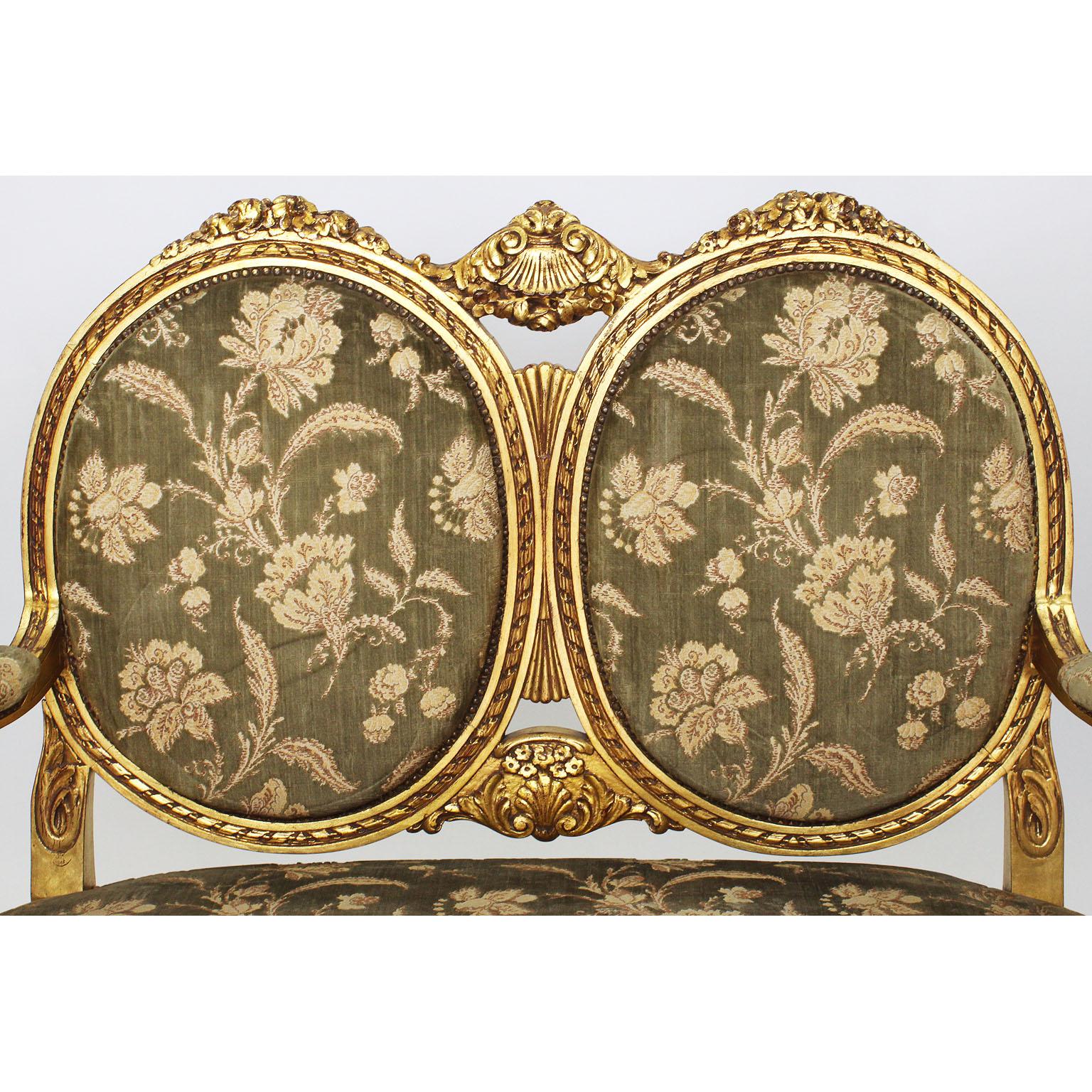 French Belle Époque Louis XVI Style Giltwood Carved 3-Piece Parlor Salon Set In Good Condition In Los Angeles, CA