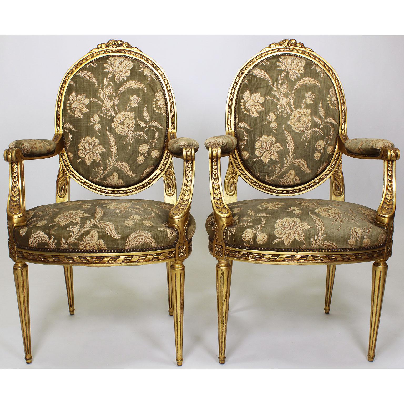 Fabric French Belle Époque Louis XVI Style Giltwood Carved 3-Piece Parlor Salon Set