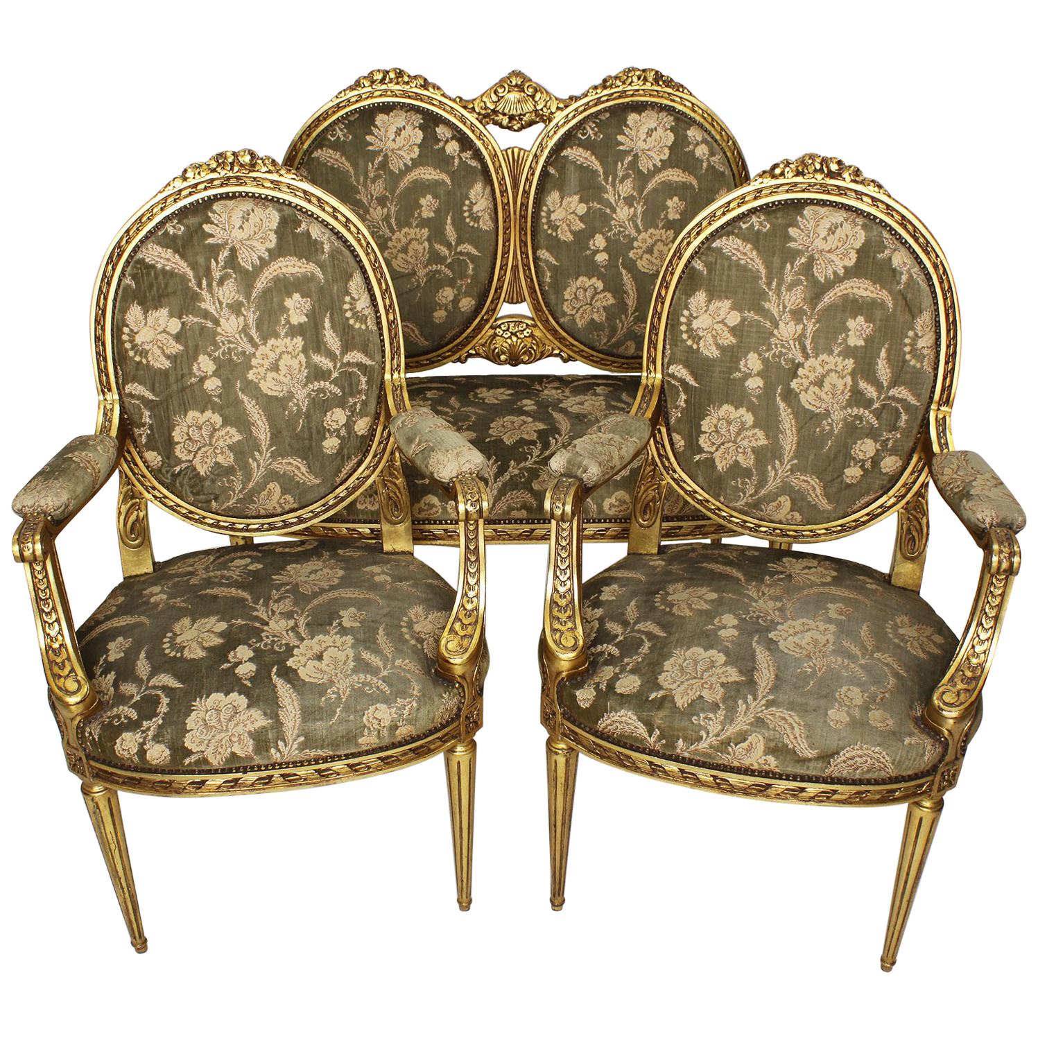 French Belle Époque Louis XVI Style Giltwood Carved 3-Piece Parlor Salon Set