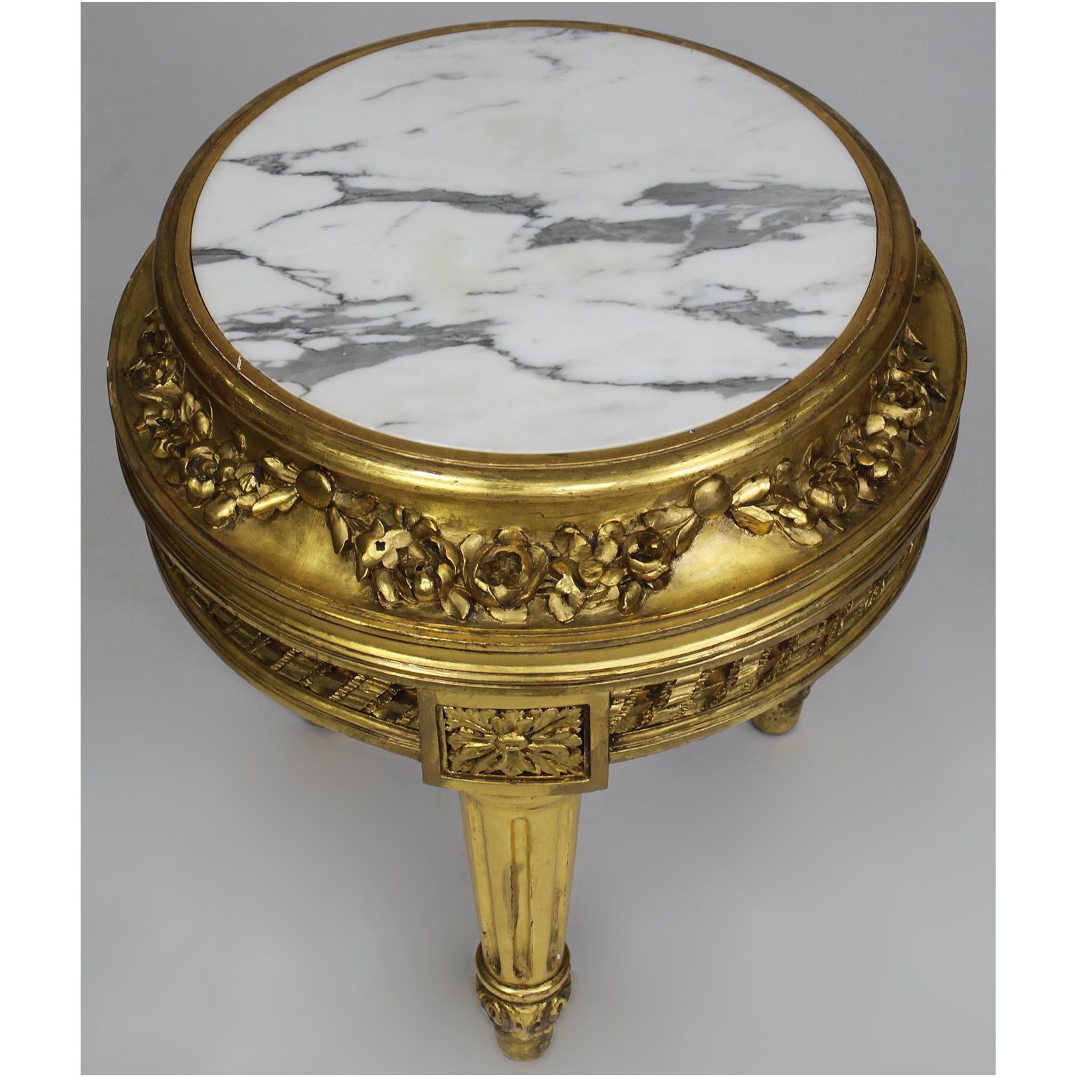 Hand-Carved Belle Époque Louis XVI Style Giltwood Carved Pedestal Stand with Marble Top For Sale