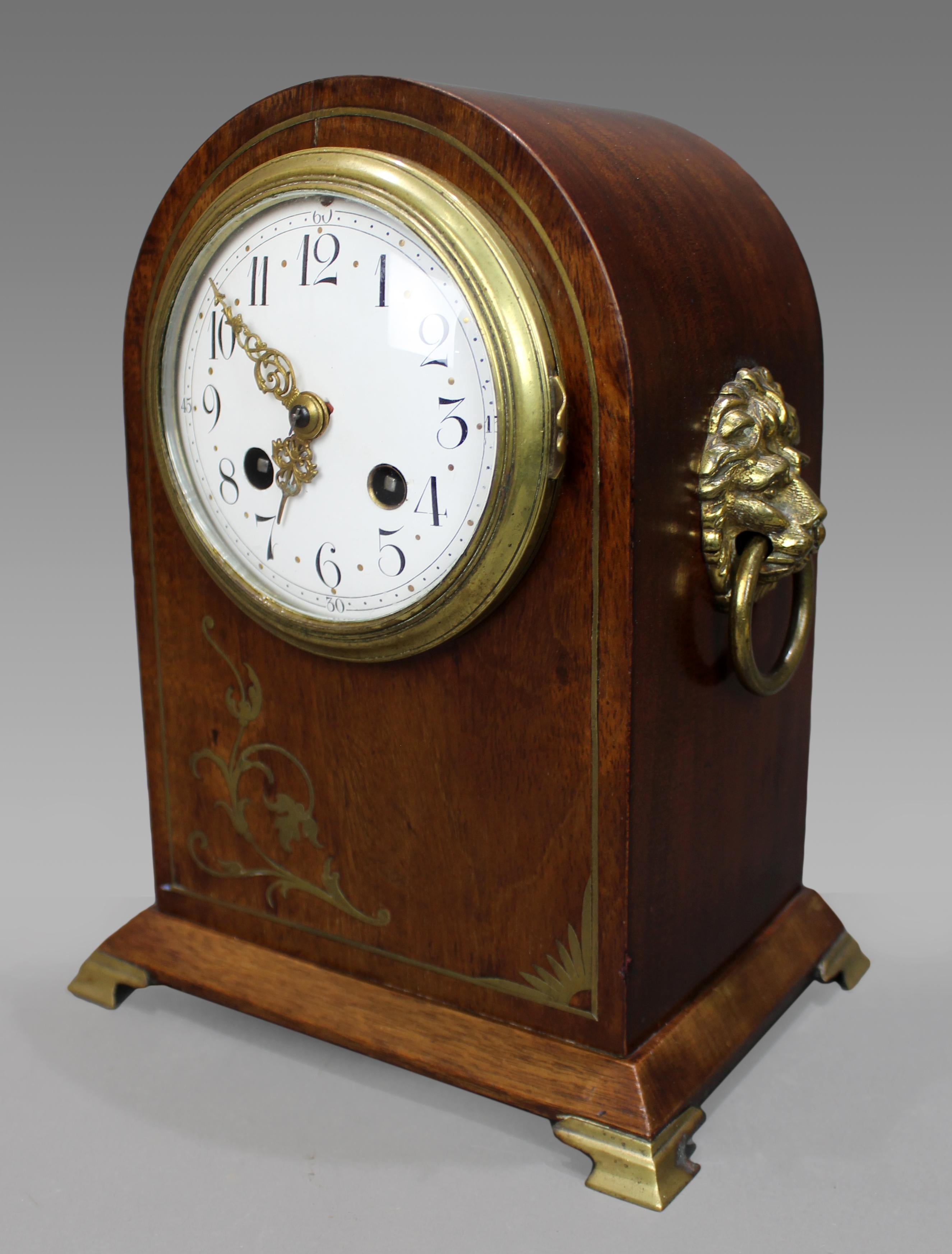 French Belle Époque Mahogany and Brass Inlaid Mantel Clock by Samuel Marti For Sale 9
