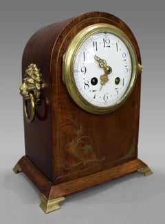 French Belle Époque Mahogany and Brass Inlaid Mantel Clock by Samuel Marti