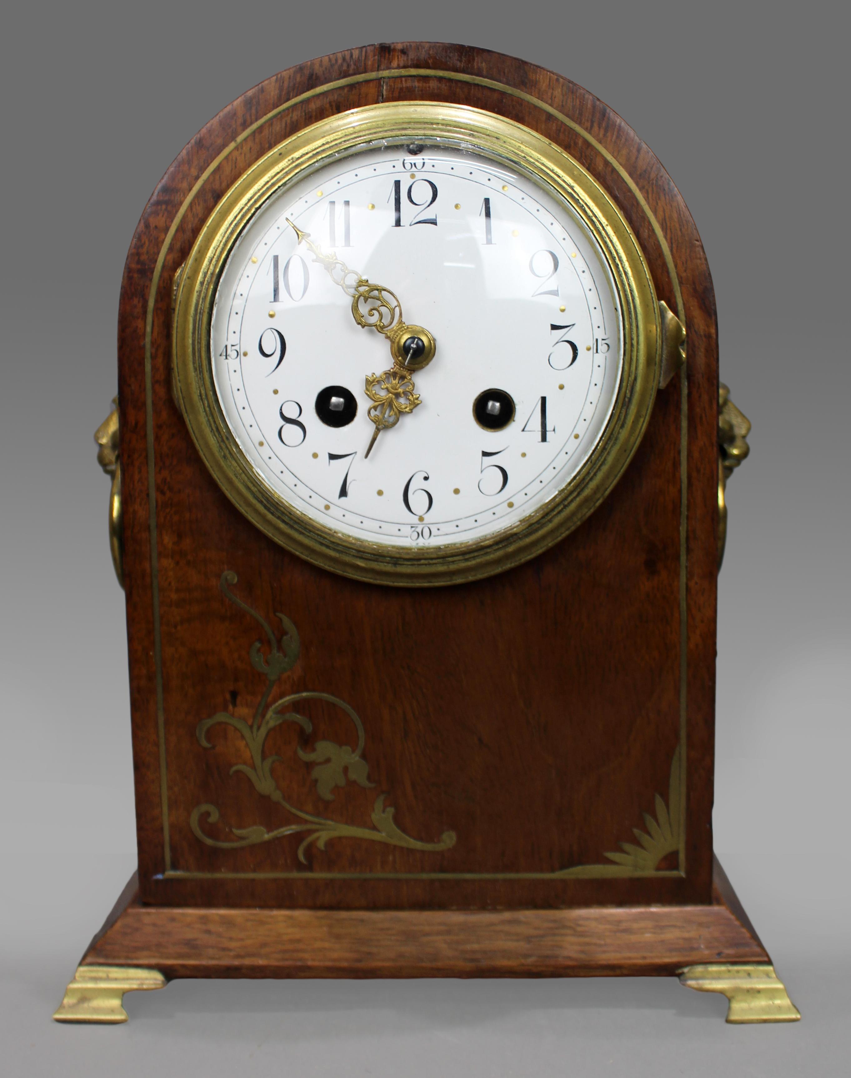 French Belle Époque Mahogany and Brass Inlaid Mantel Clock by Samuel Marti In Good Condition For Sale In Worcester, GB