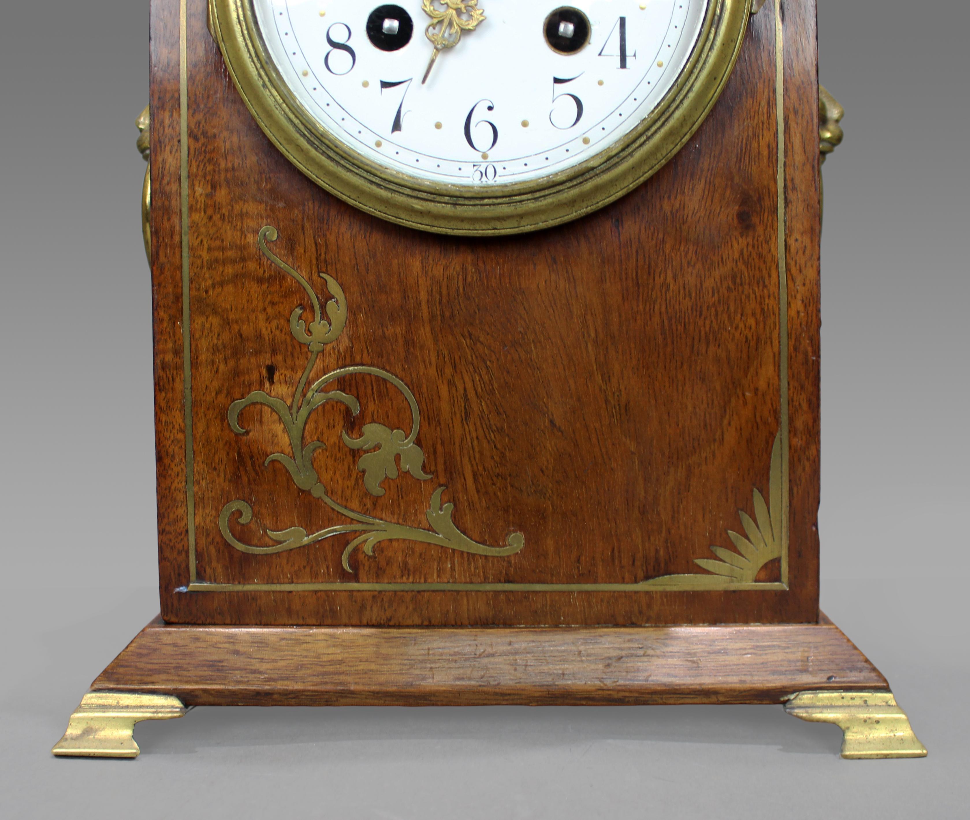French Belle Époque Mahogany and Brass Inlaid Mantel Clock by Samuel Marti For Sale 2