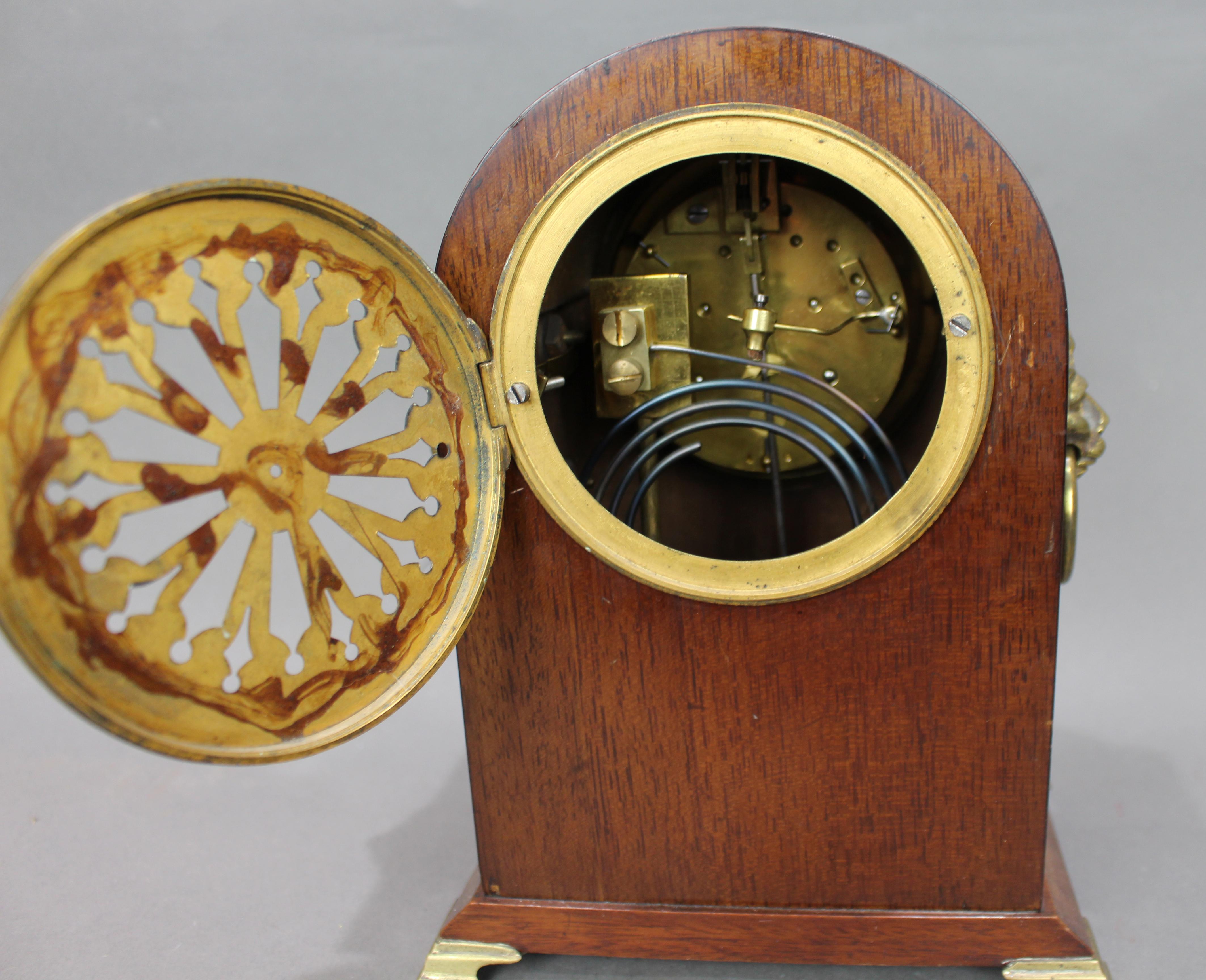 French Belle Époque Mahogany and Brass Inlaid Mantel Clock by Samuel Marti For Sale 5
