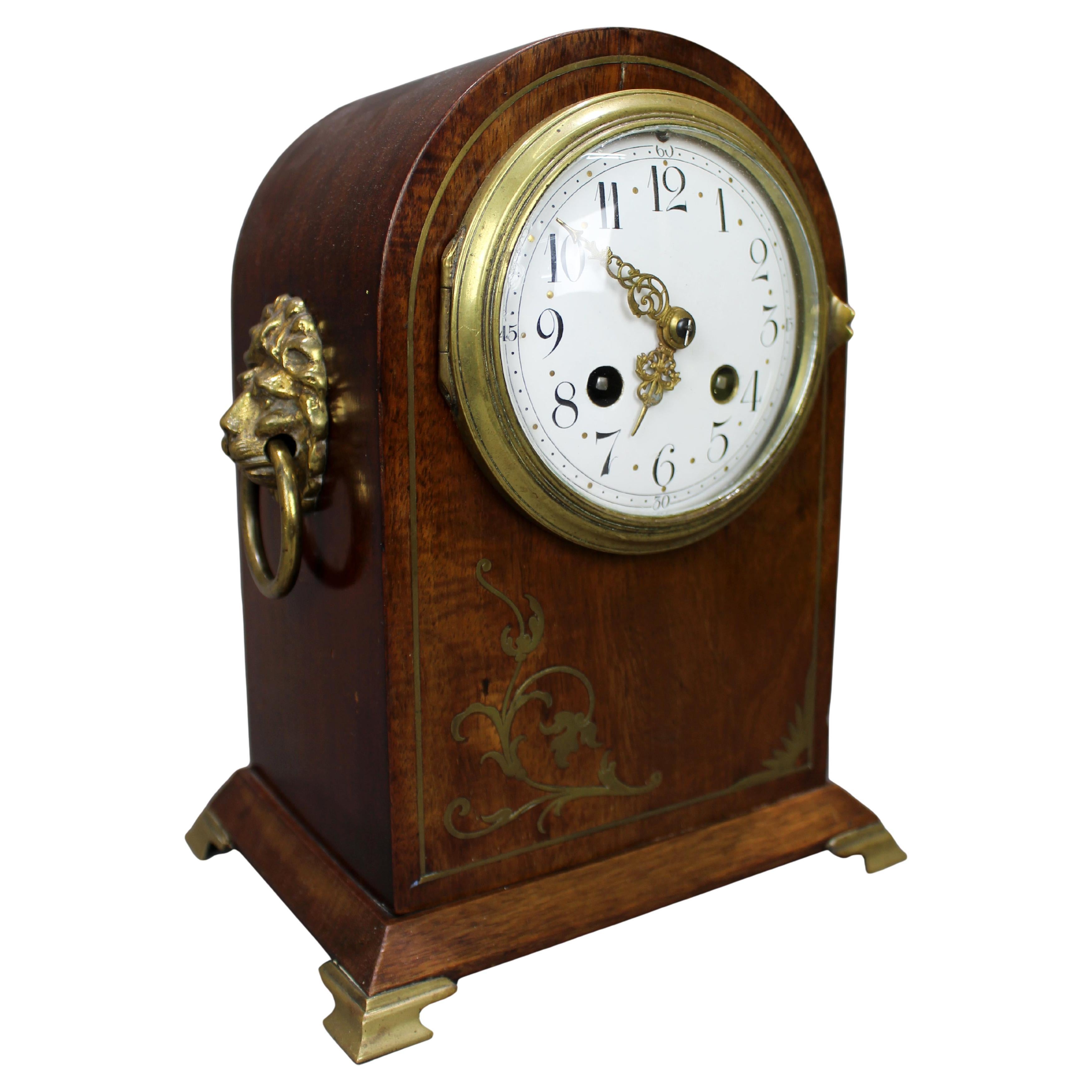 French Belle Époque Mahogany and Brass Inlaid Mantel Clock by Samuel Marti For Sale