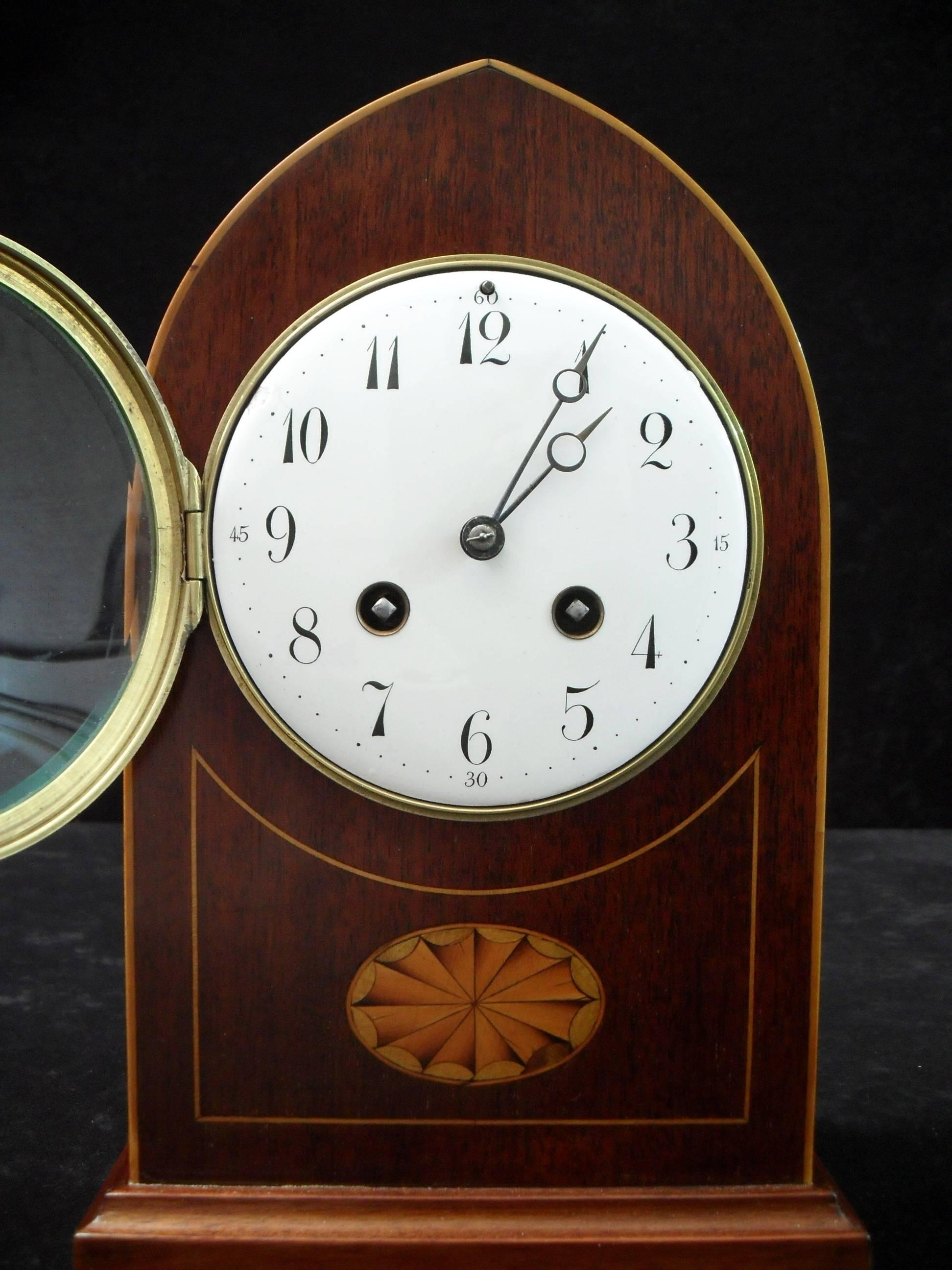 Inlay French Belle Époque Mahogany and Inlaid Mantel Clock