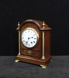 French Belle Époque Mahogany and Brass Inlaid Mantel Clock by Samuel Marti