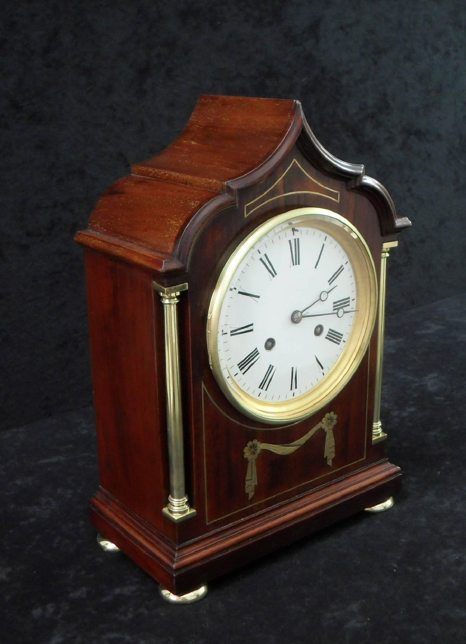 Inlay French Belle Époque Mahogany Brass Inlaid Mantel Clock by Samuel Marti For Sale