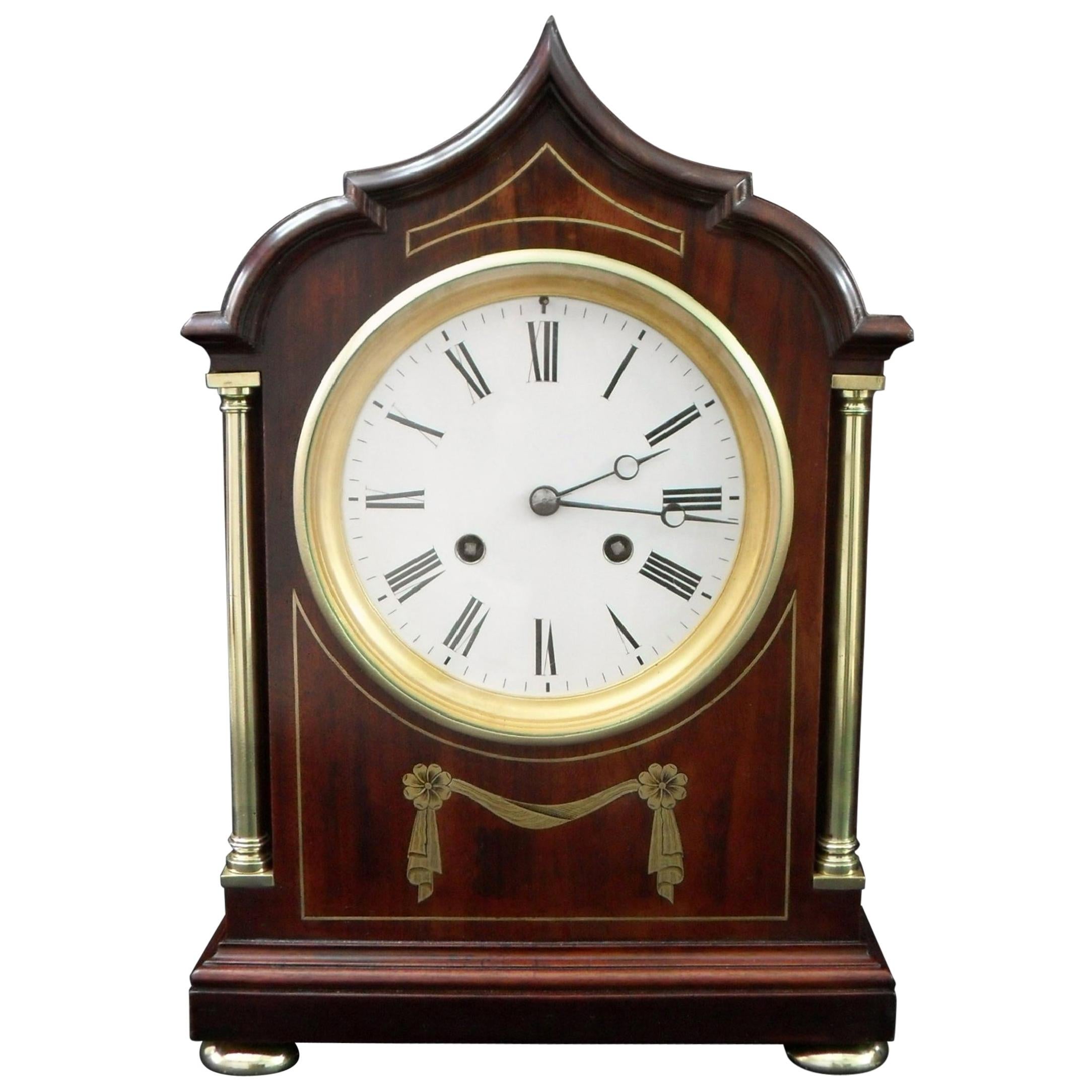 French Belle Époque Mahogany Brass Inlaid Mantel Clock by Samuel Marti For Sale