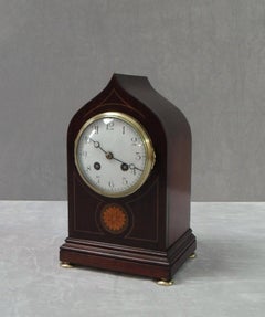 French Belle Epoque Mahogany Inlaid Mantel Clock by Samuel Marti