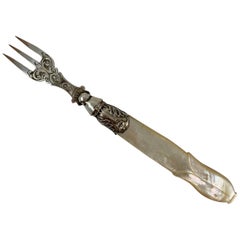 Antique French Belle Époque Mother of Pearl and Scroll Engraved Silver Plate Pickle Fork
