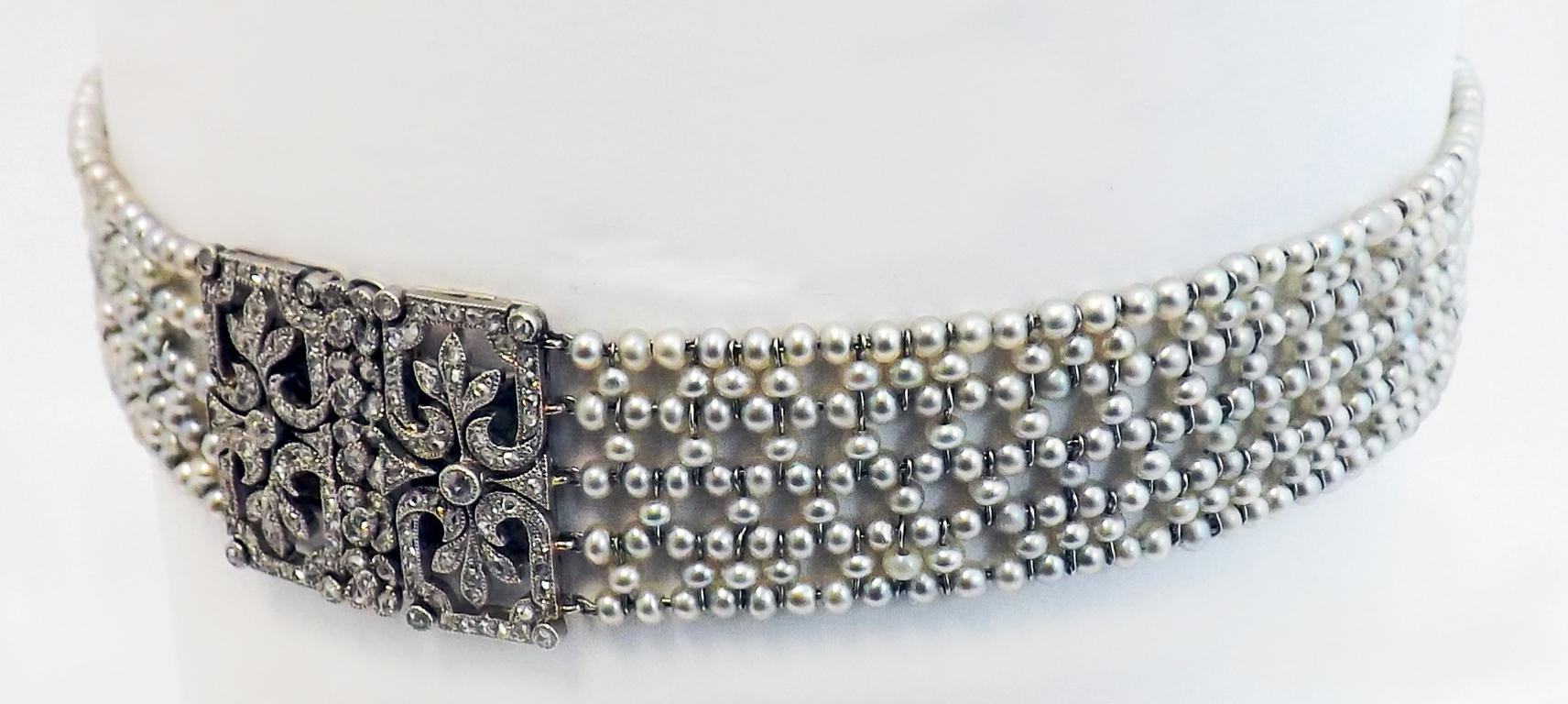 French Belle Époque Natural Pearl Diamond Platinum Collier de Chien Choker In Excellent Condition In New York, NY