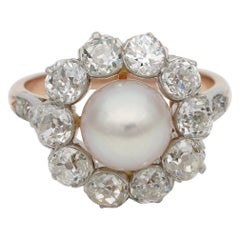 French Belle Époque Natural Salt Water Pearl 2.60 Ct G VVS Diamond Cluster Ring