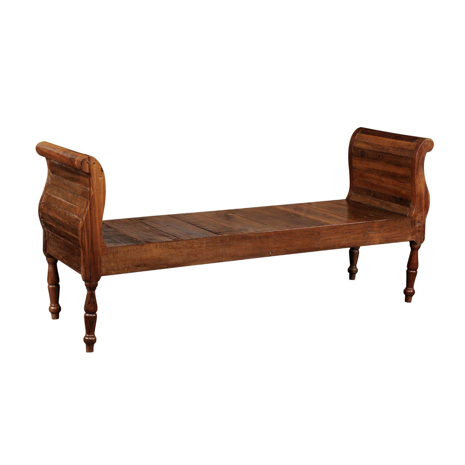 French Belle Époque Oak Backless Bench with Out-Scrolling Arms and Turned Legs