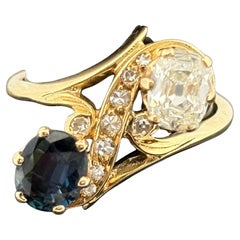 French Belle Epoque Old Mine Cushion Diamond 
Sapphire Ring