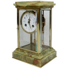 Antique French Belle Époque Onyx and Brass Four Glass Mantel Clock by Samuel Marti