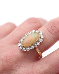 French Belle Epoque opal diamond cluster ring in 18k gold and platinum