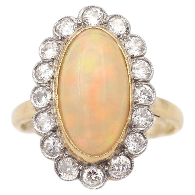 French Belle Epoque opal diamond cluster ring in 18k gold and platinum For Sale