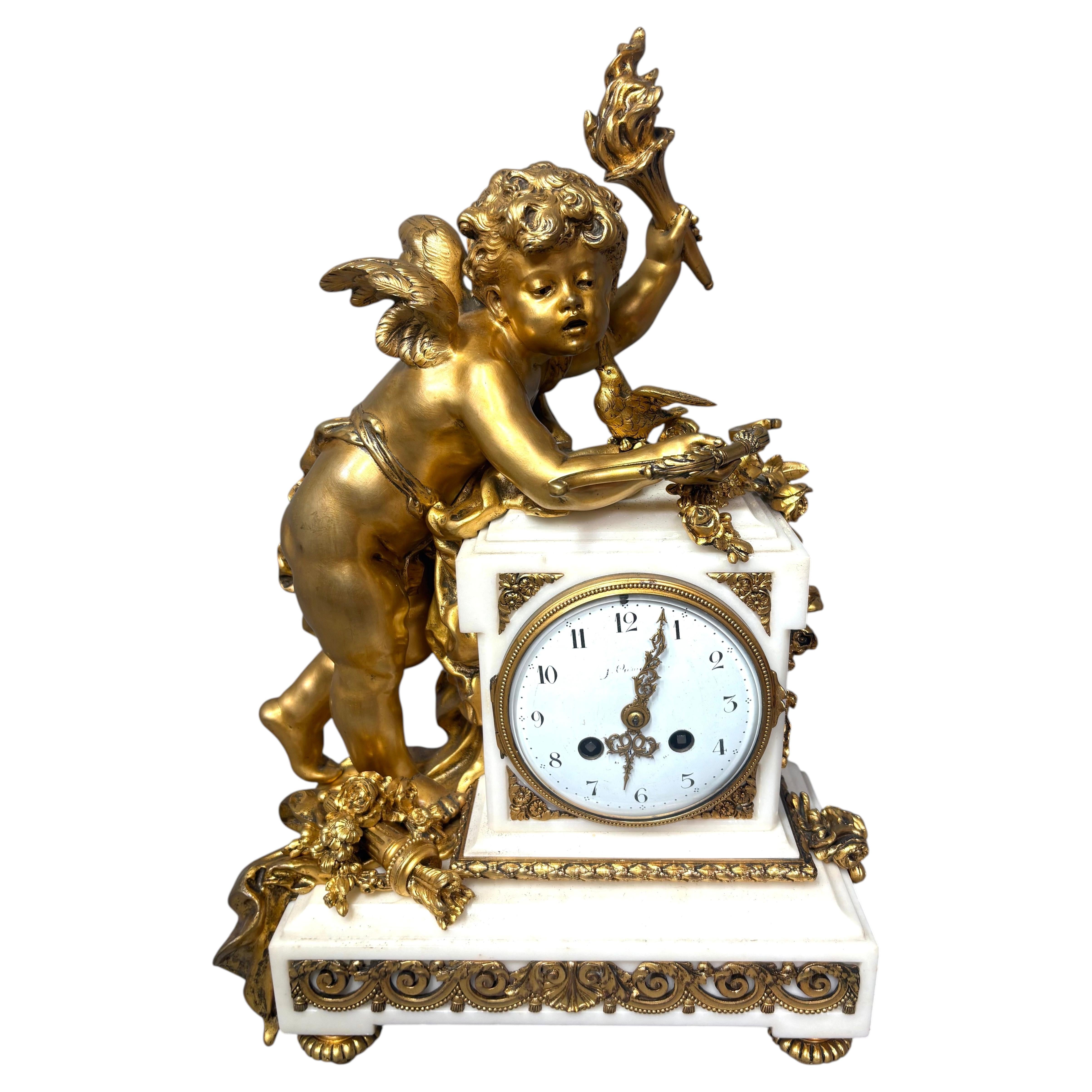 French Belle Époque Ormolu and White Marble Cupid Mantel Clock, circa 1880