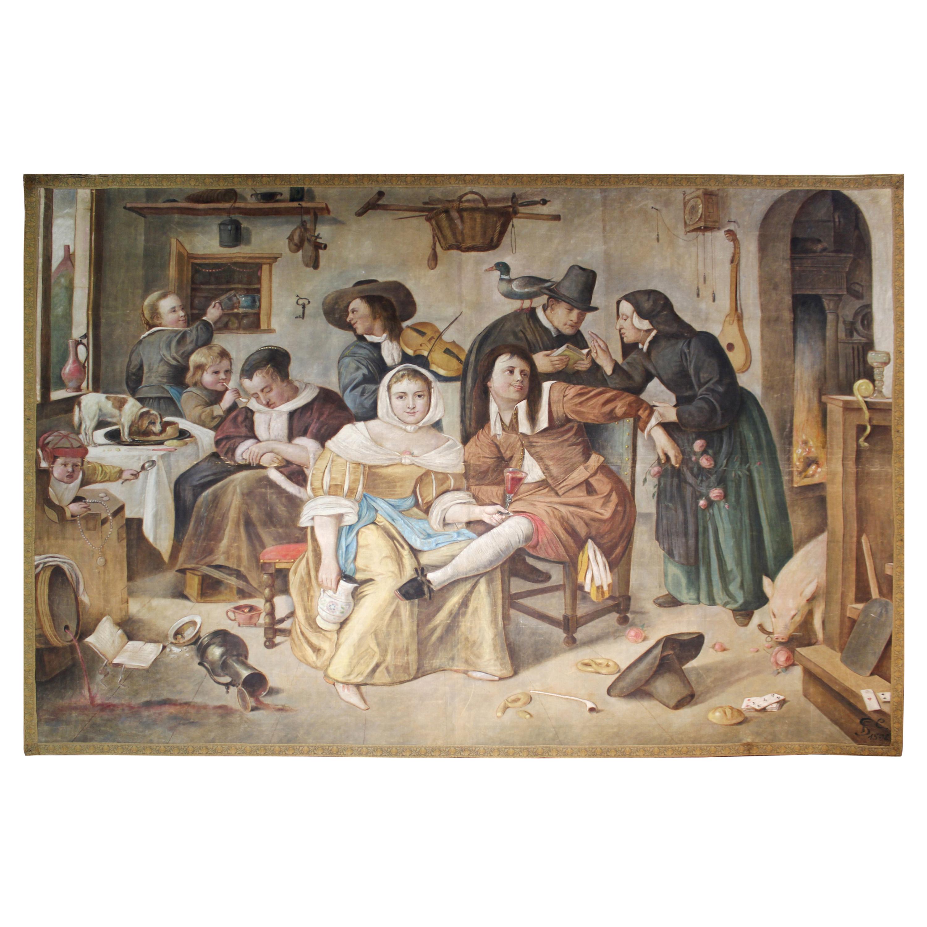 French Belle Epoque Painted Tapestry after Jan Steen 'Beware of Luxury'